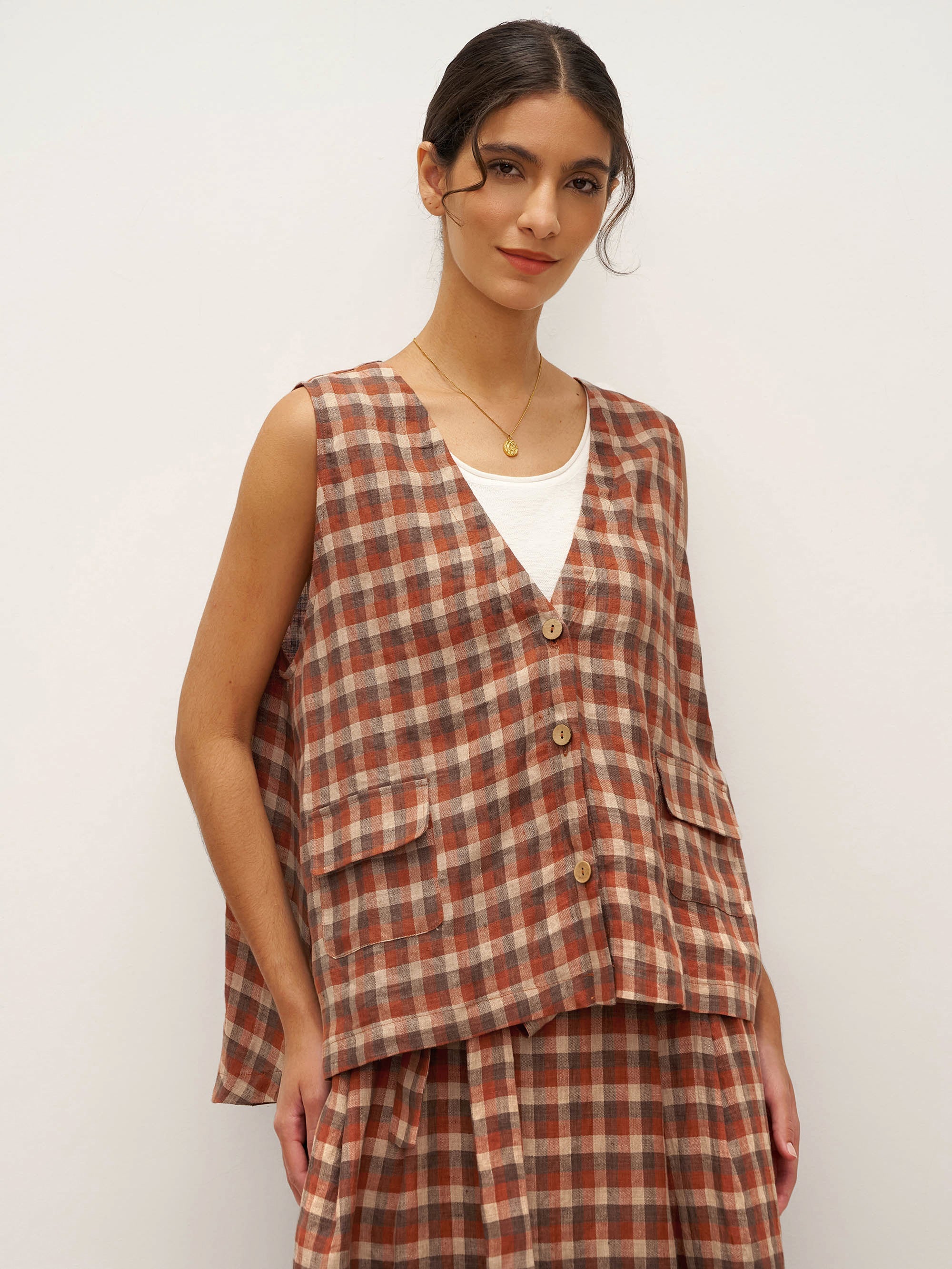 100% Linen V-Neck Checked Oversized Vest DORIS