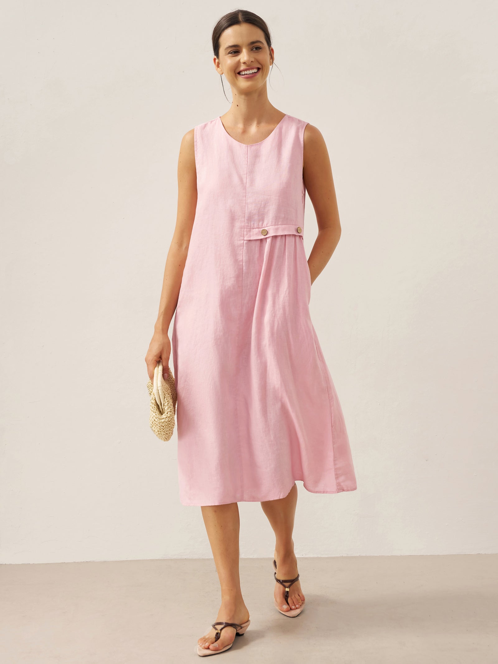 100% Linen Sleeveless Accordion Pleat Midi Dress TINA