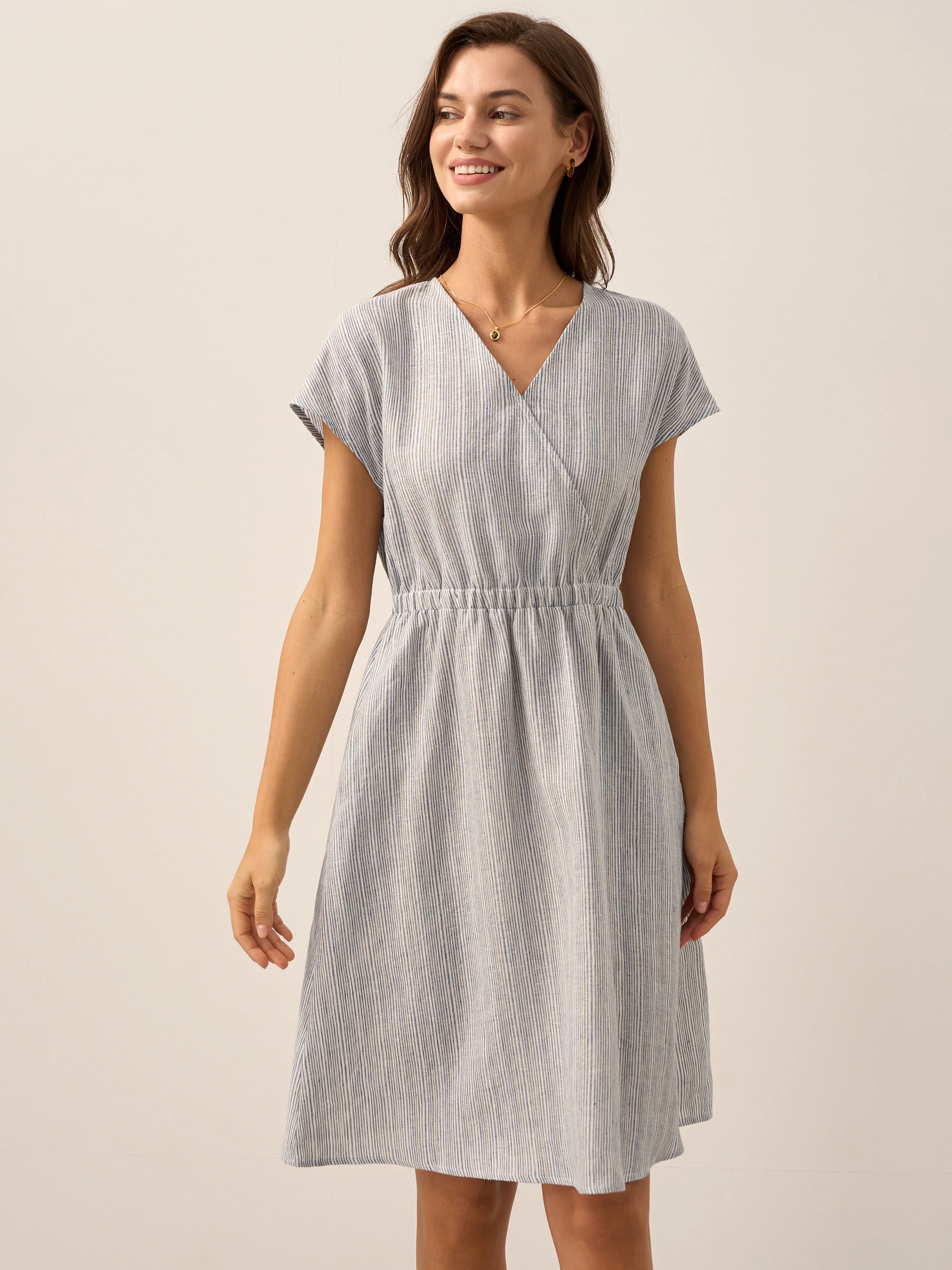 100% Linen Striped Elastic-Waist Midi Dress ARIA