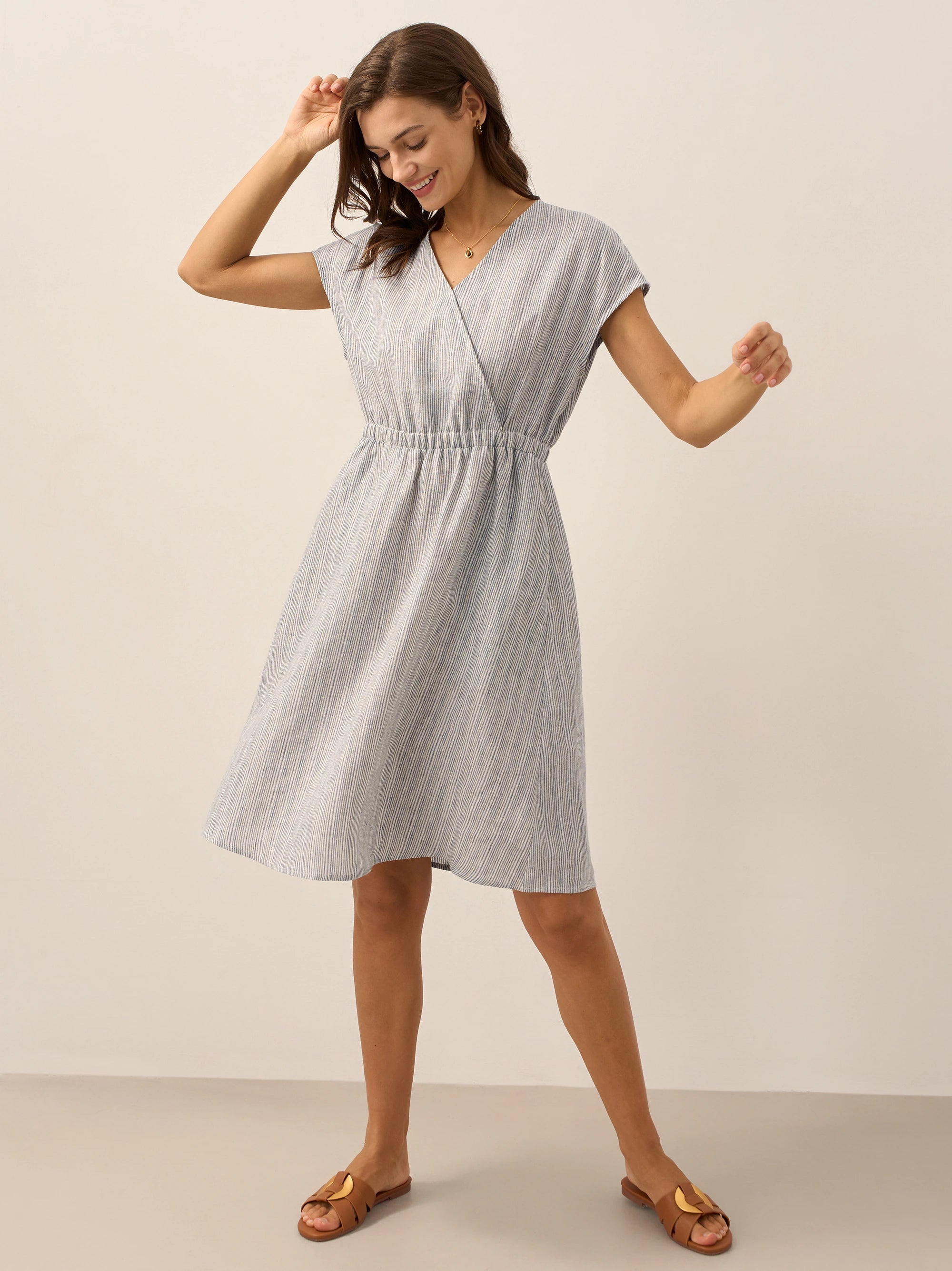 100% Linen Striped Elastic-Waist Midi Dress ARIA