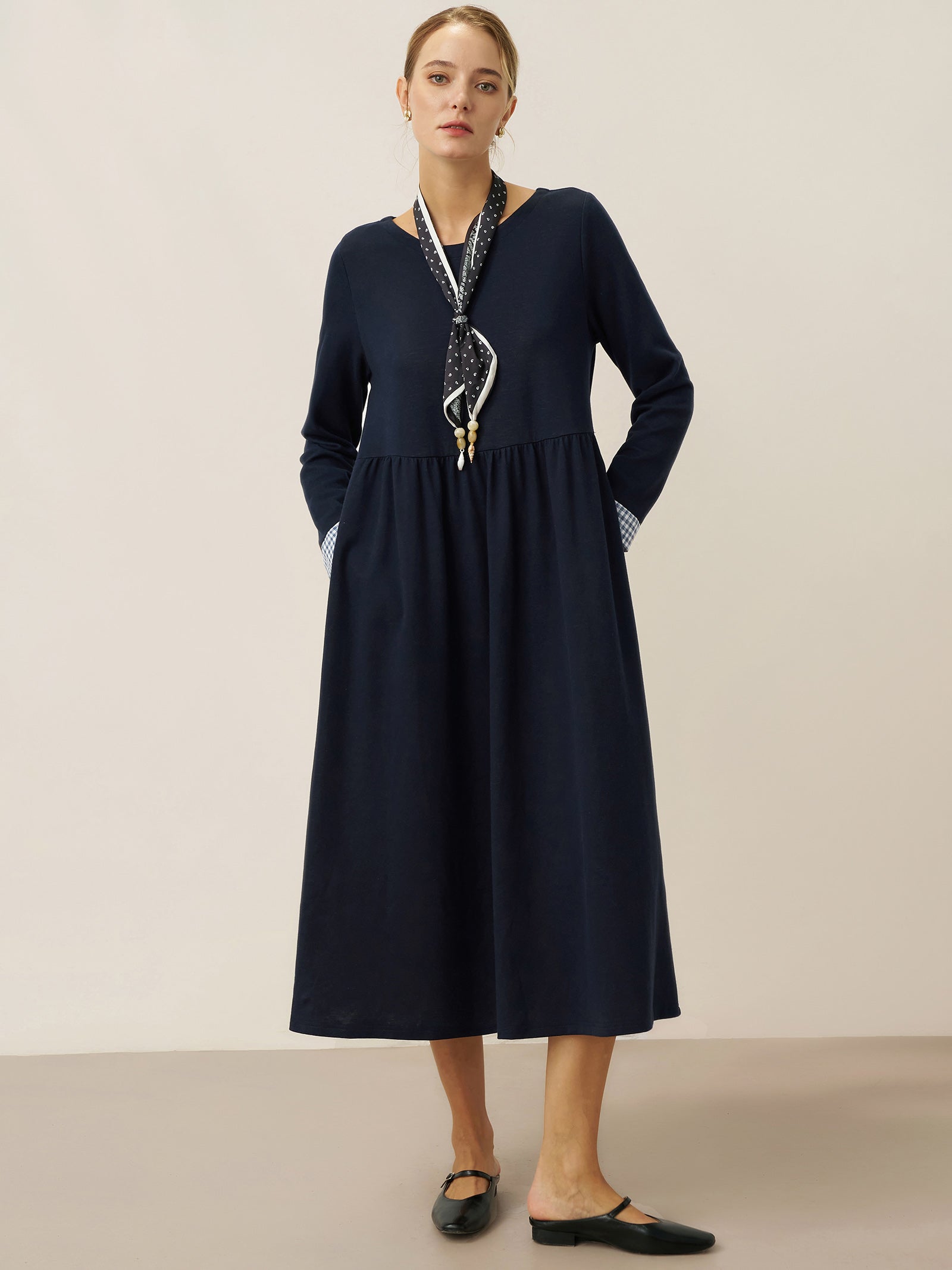 Cotton Patchwork Cuff Crew Neck Casual Maxi Dress SCARLETT