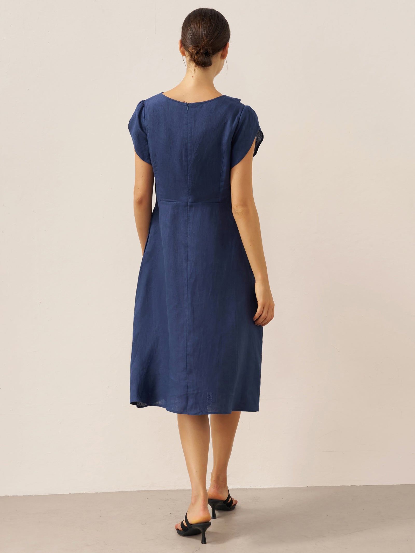 100% Linen Crescent Collar Flutter Sleeve Midi Dress FIONA