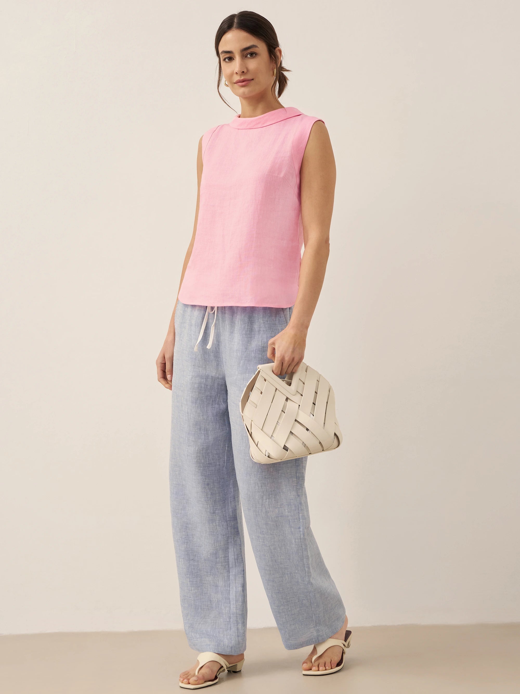 100% Linen Draped Collar Tank Top