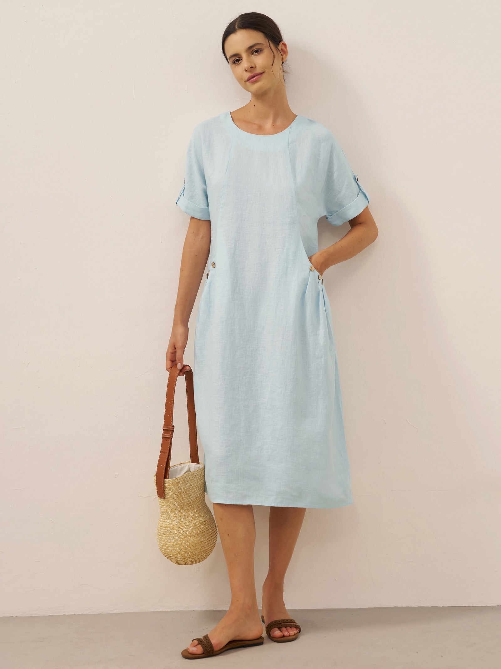 100% Linen Vintage A-Line Button Detail Maxi Dress AMIN