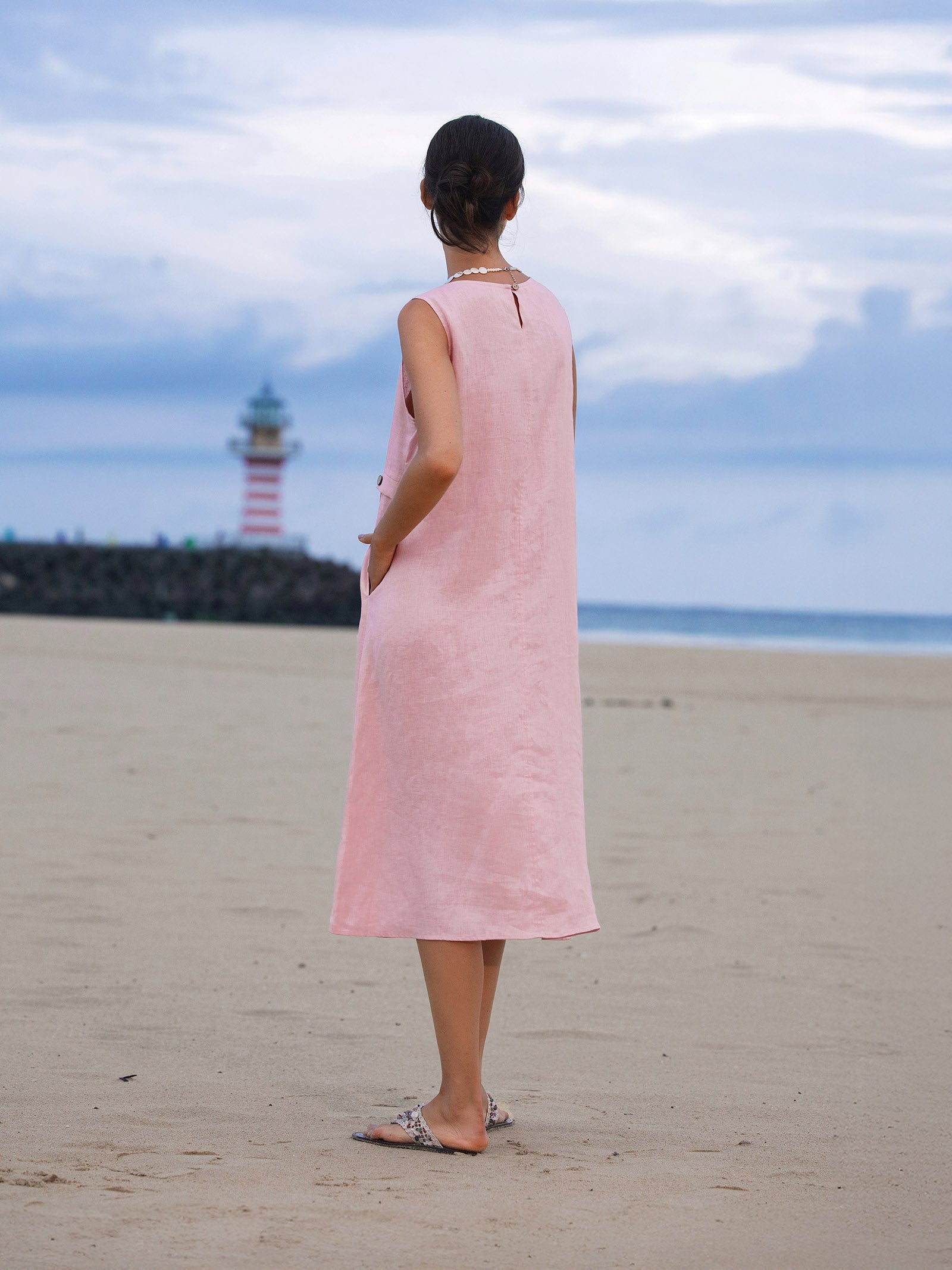 100% Linen Sleeveless Accordion Pleat Midi Dress TINA