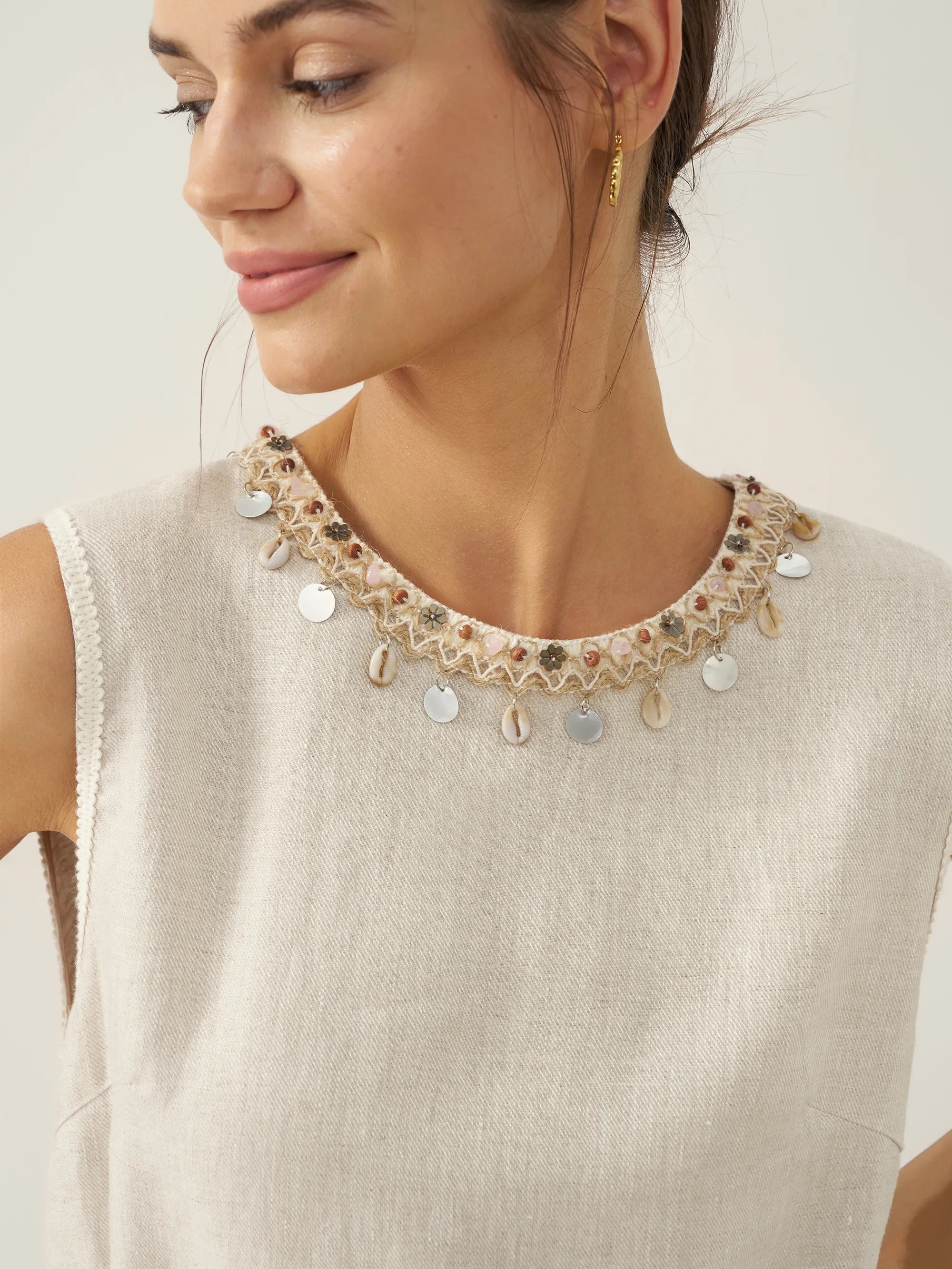 100% Linen Beaded Crew Neck Maxi Dress with Belt BELLA