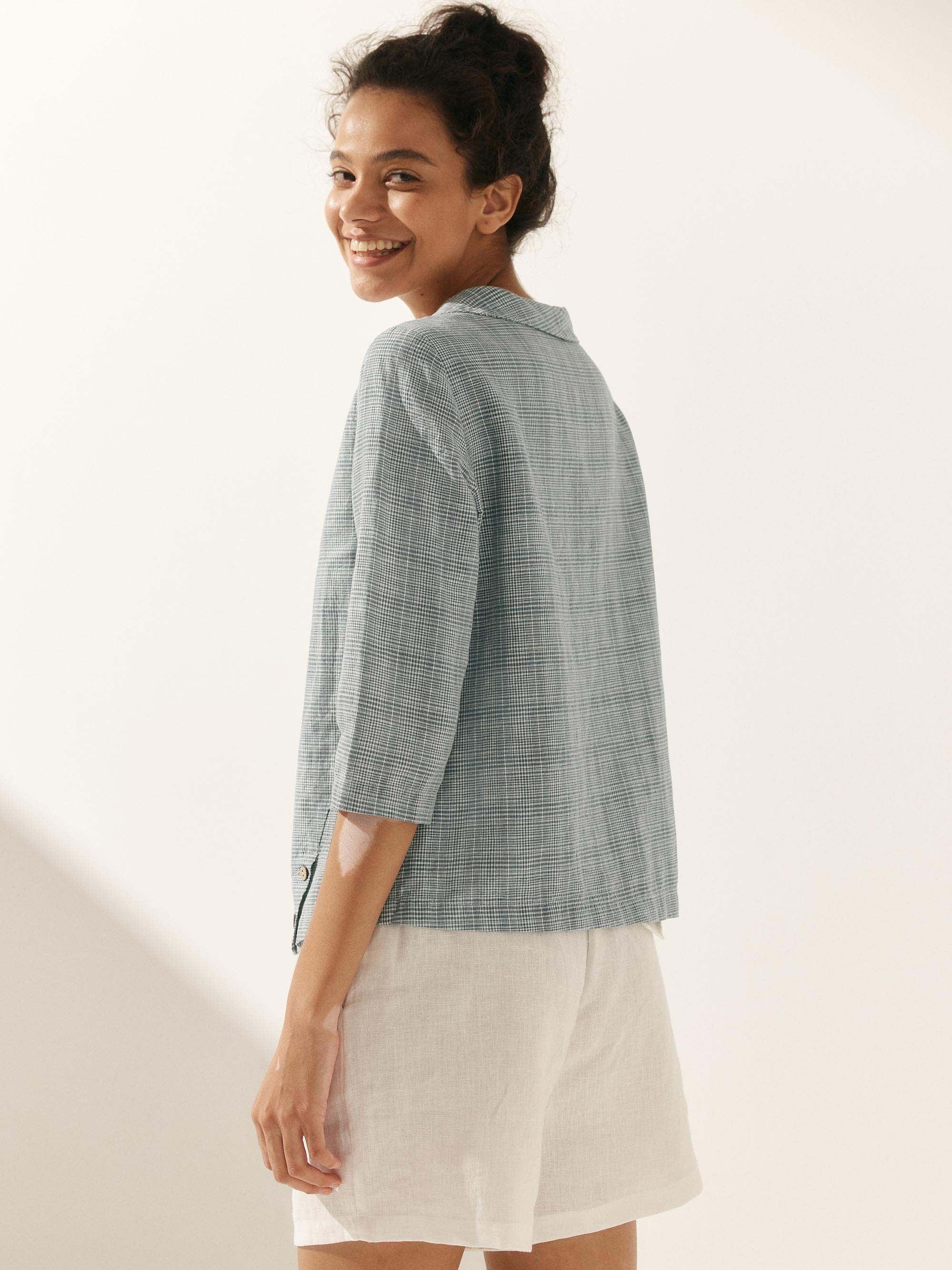 Linen Gingham Checked Round Soft-Fold Collar Top LAURA