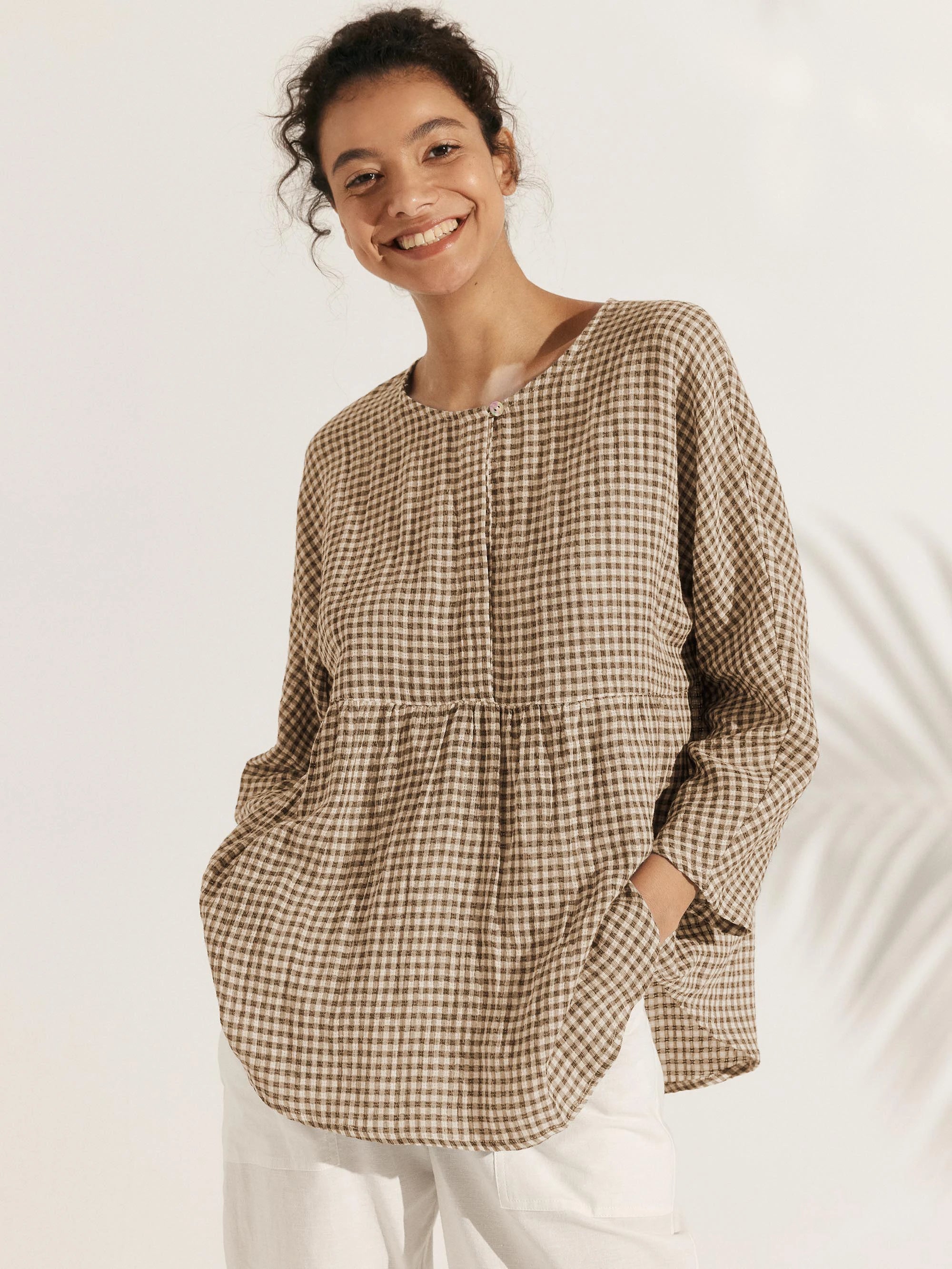 Linen Checked Long-Sleeved Top CAROLINE