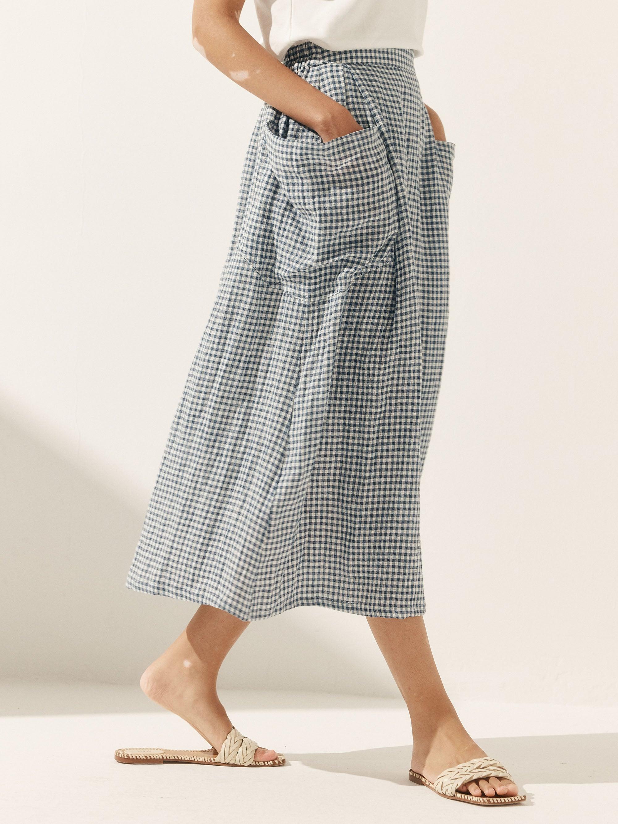 Linen Checked Elastic Waist Skirt ONYX