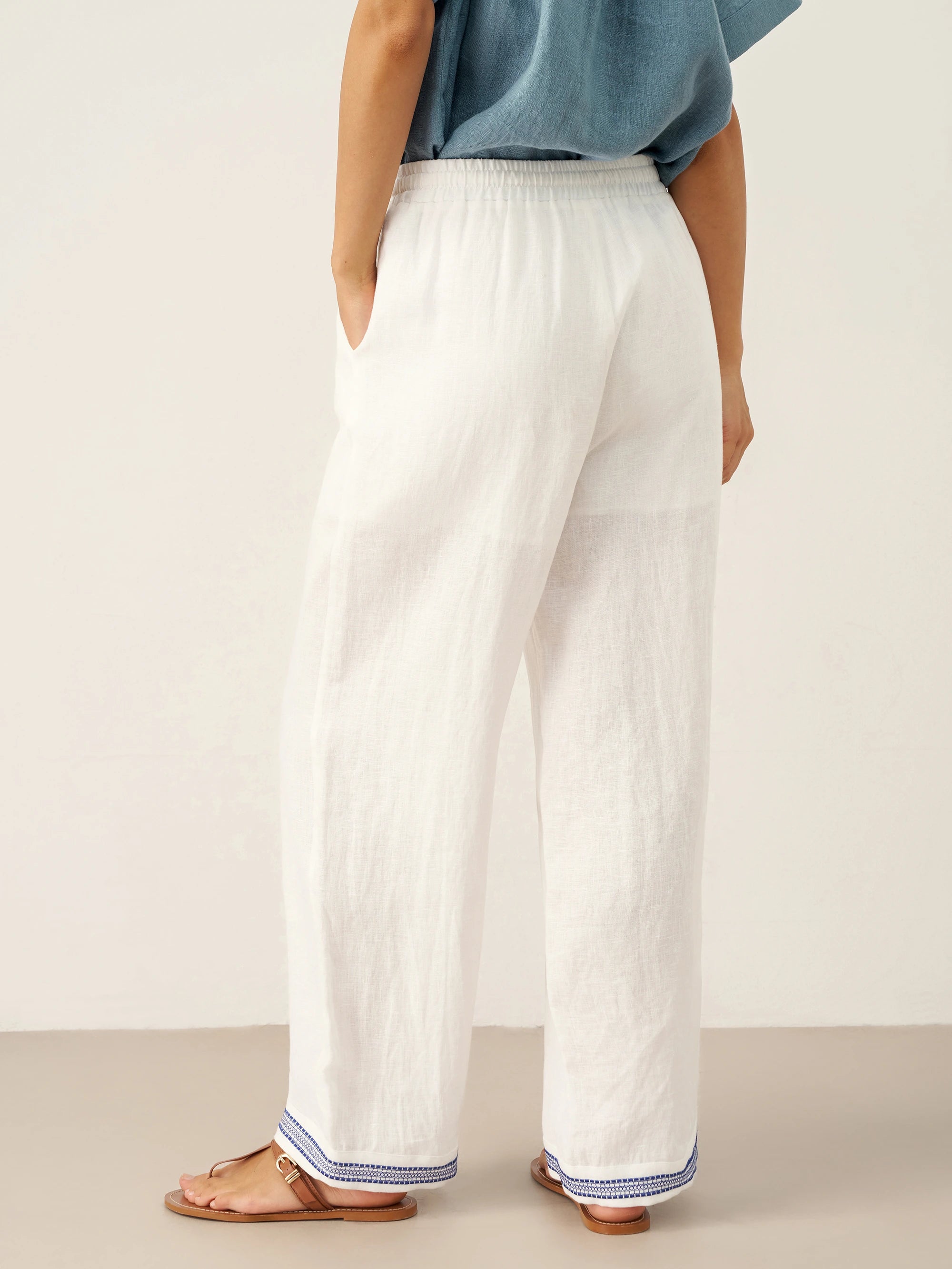 100% Linen Embroidered Elastic Waist Pants FENE