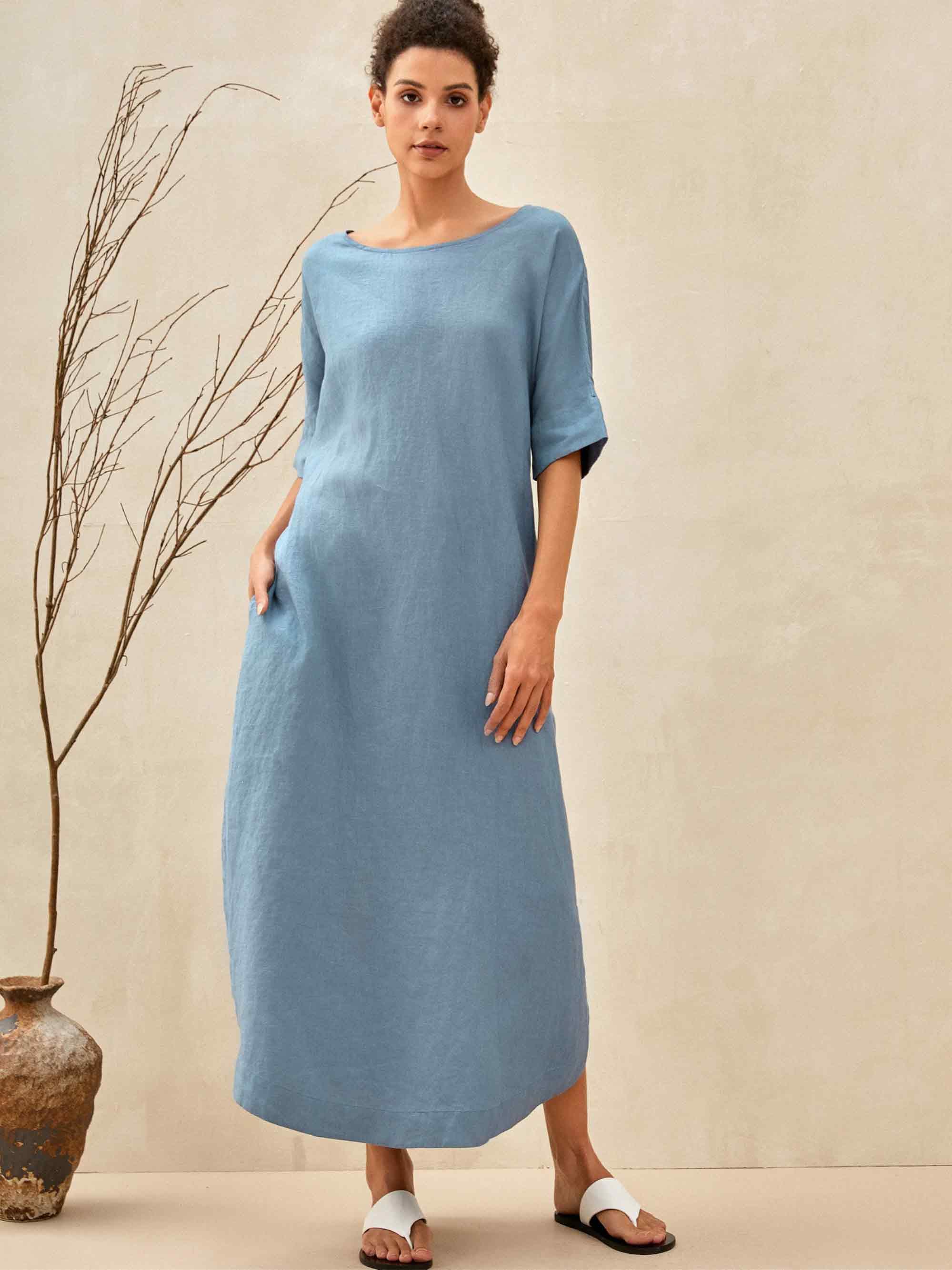 100% Linen Loose Fit Kimono Maxi Dress MADDIE