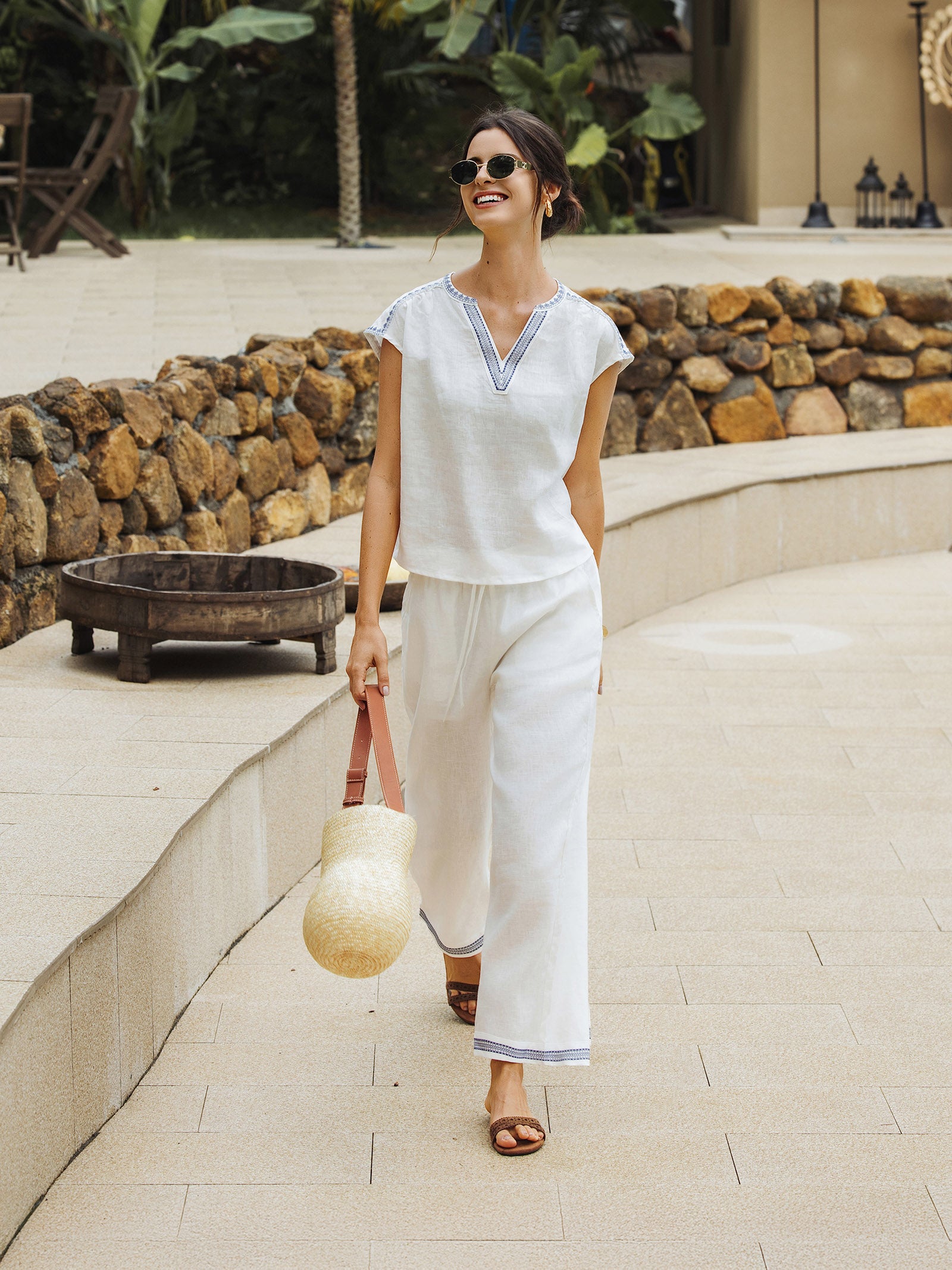 100% Linen Embroidered Elastic Waist Pants FENE