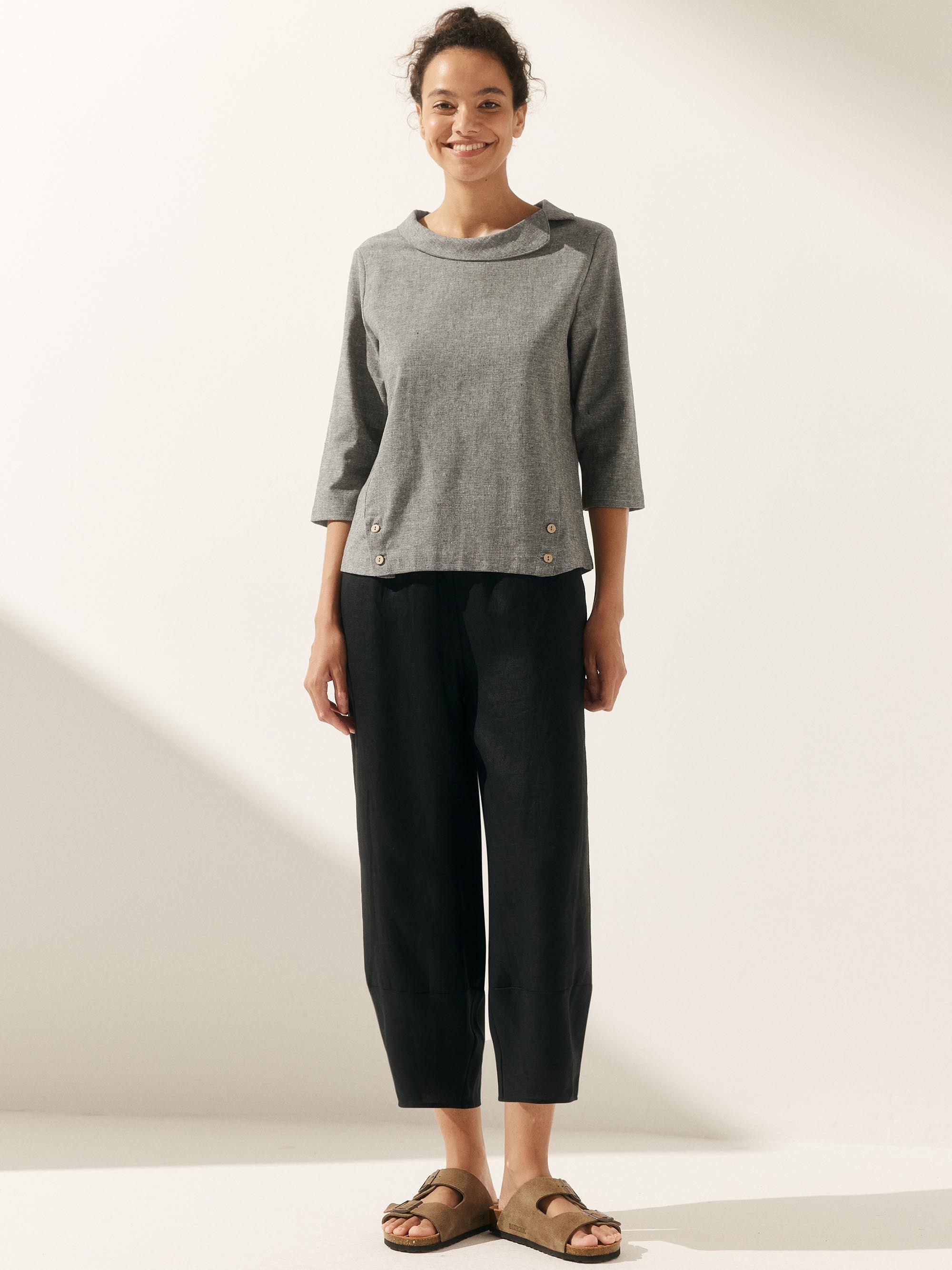 Linen Gingham Checked Round Soft-Fold Collar Top LAURA