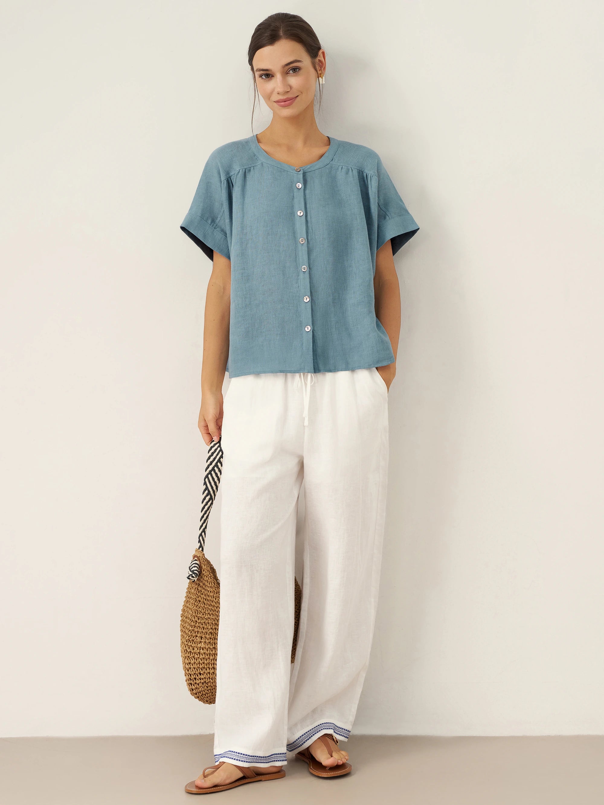 100% Linen Embroidered Elastic Waist Pants FENE