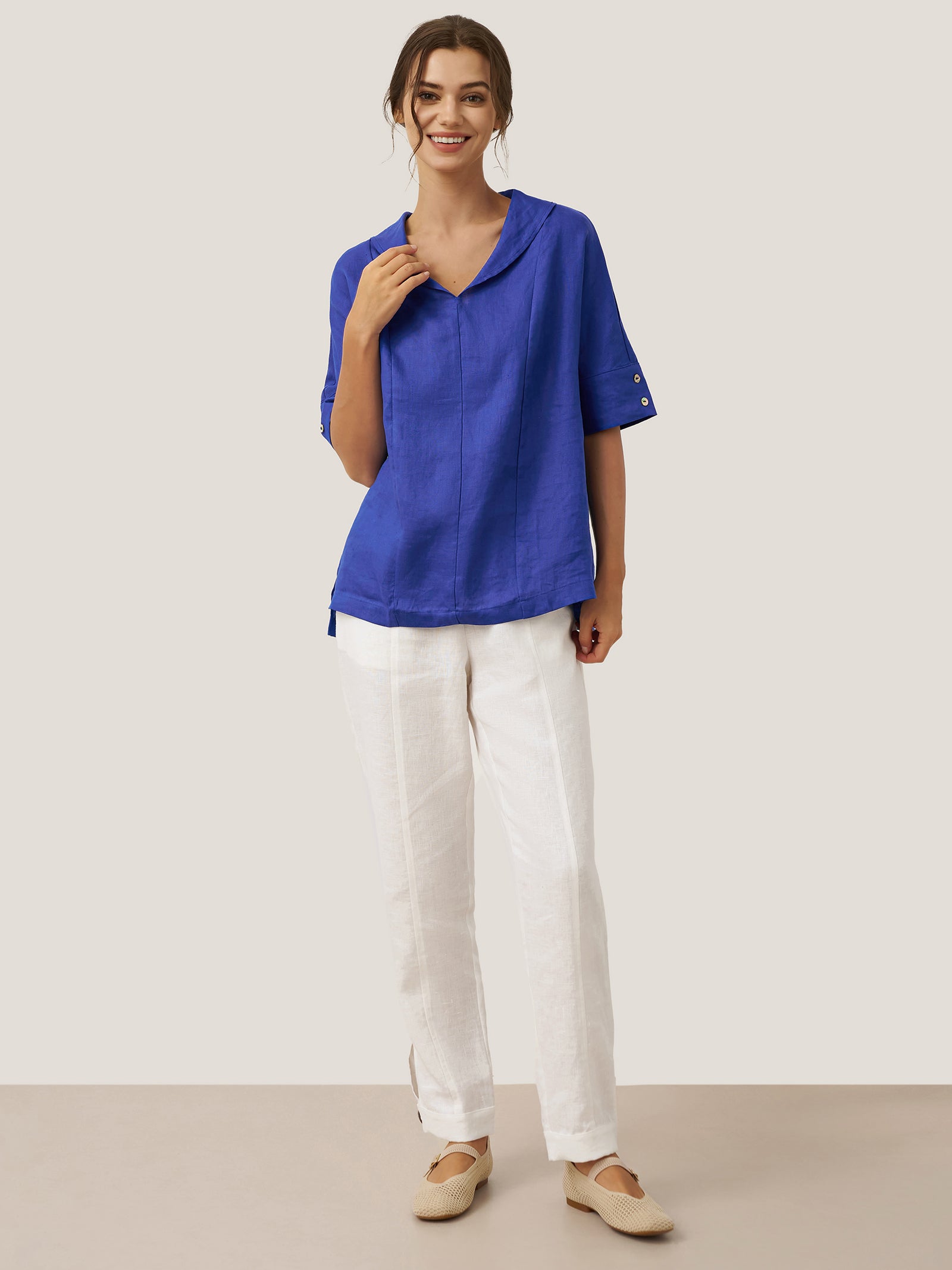 100% Linen V-Neck Short Sleeve Shirt SIERRA