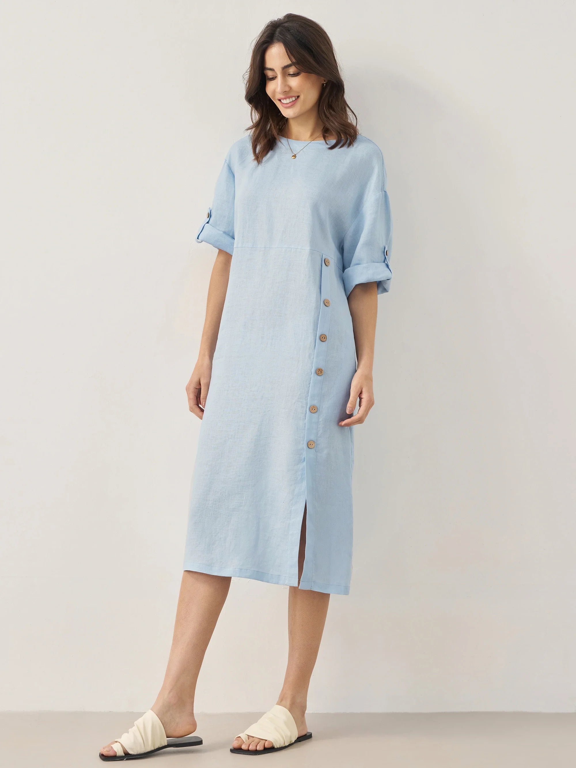 100% Linen Round Neck Button Detail Midi Dress JELENA
