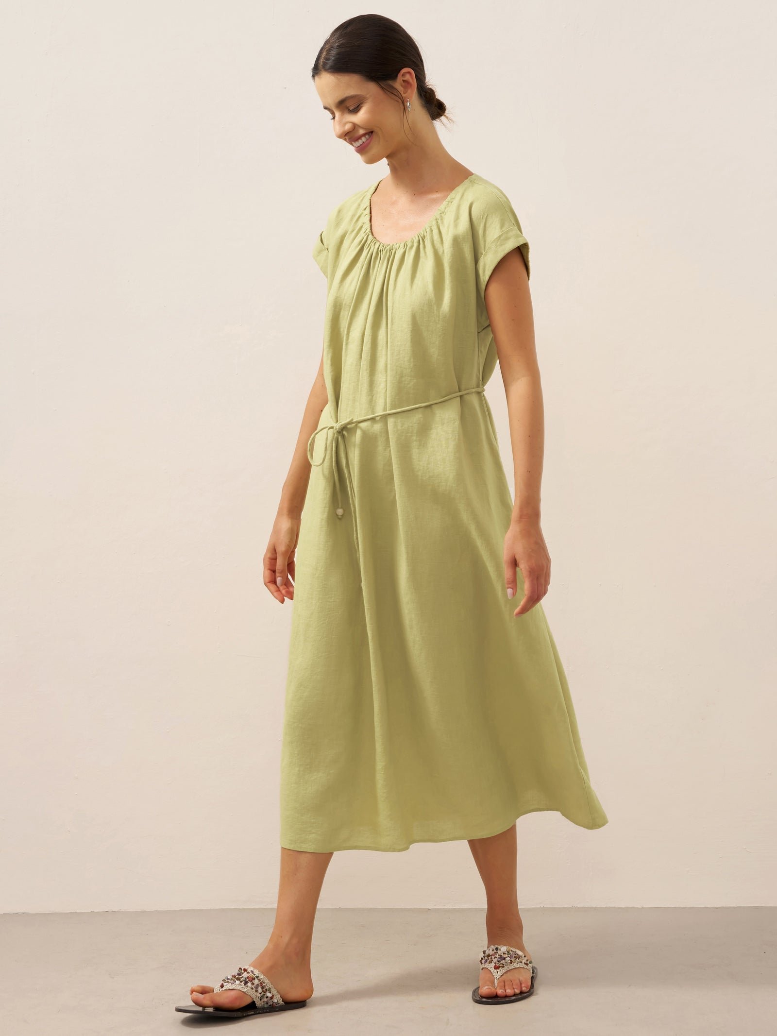 100% Linen Pleated Crew Neck Maxi Dress with Detachable Tie Straps MIRA