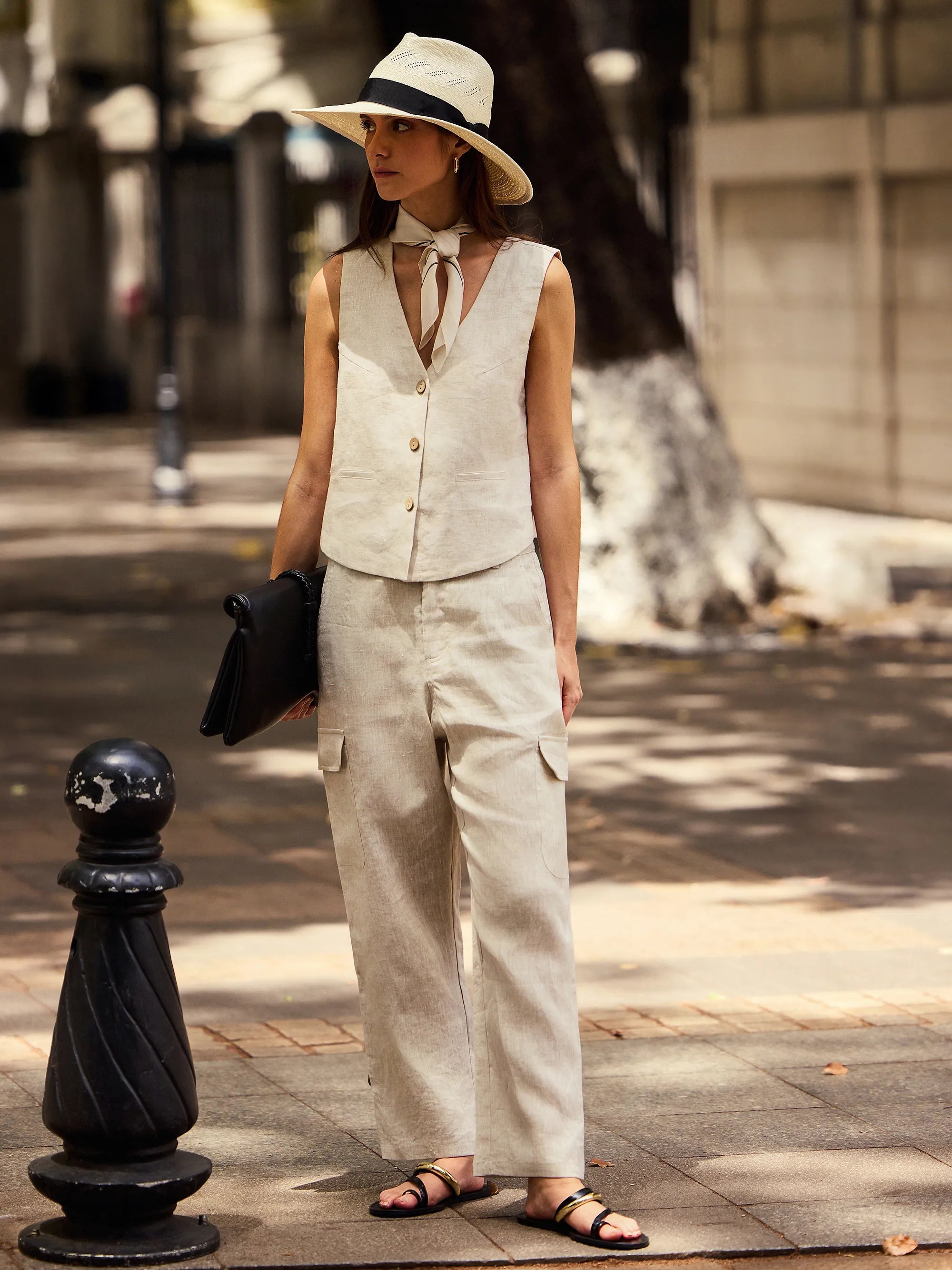 100% Linen Cargo Tapered Trousers with Patch Pockets JESSE