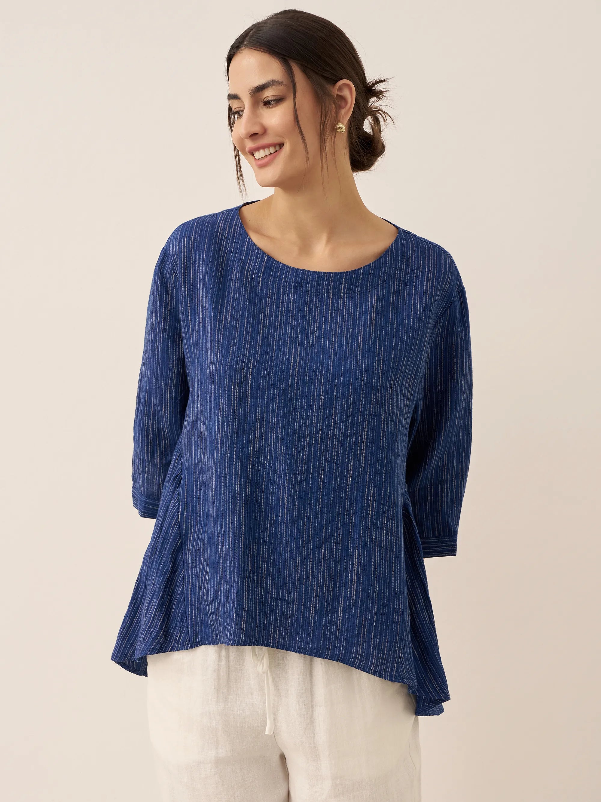 100% Linen Round Neck Artistic Stripe Top FLORENCE