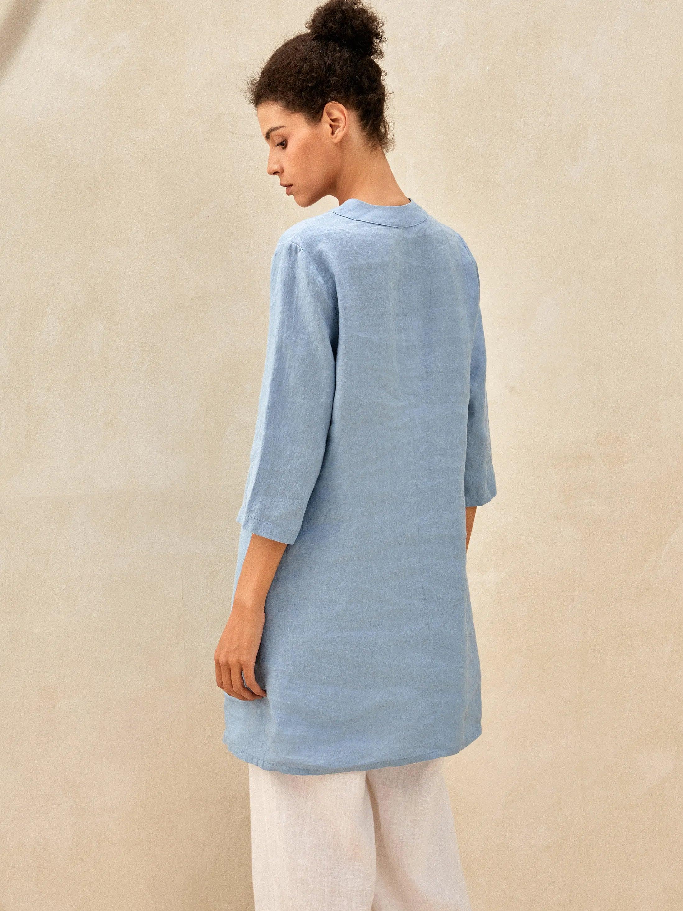 100% Linen 3/4 Sleeve Straight-Leg Long Top AMRITA