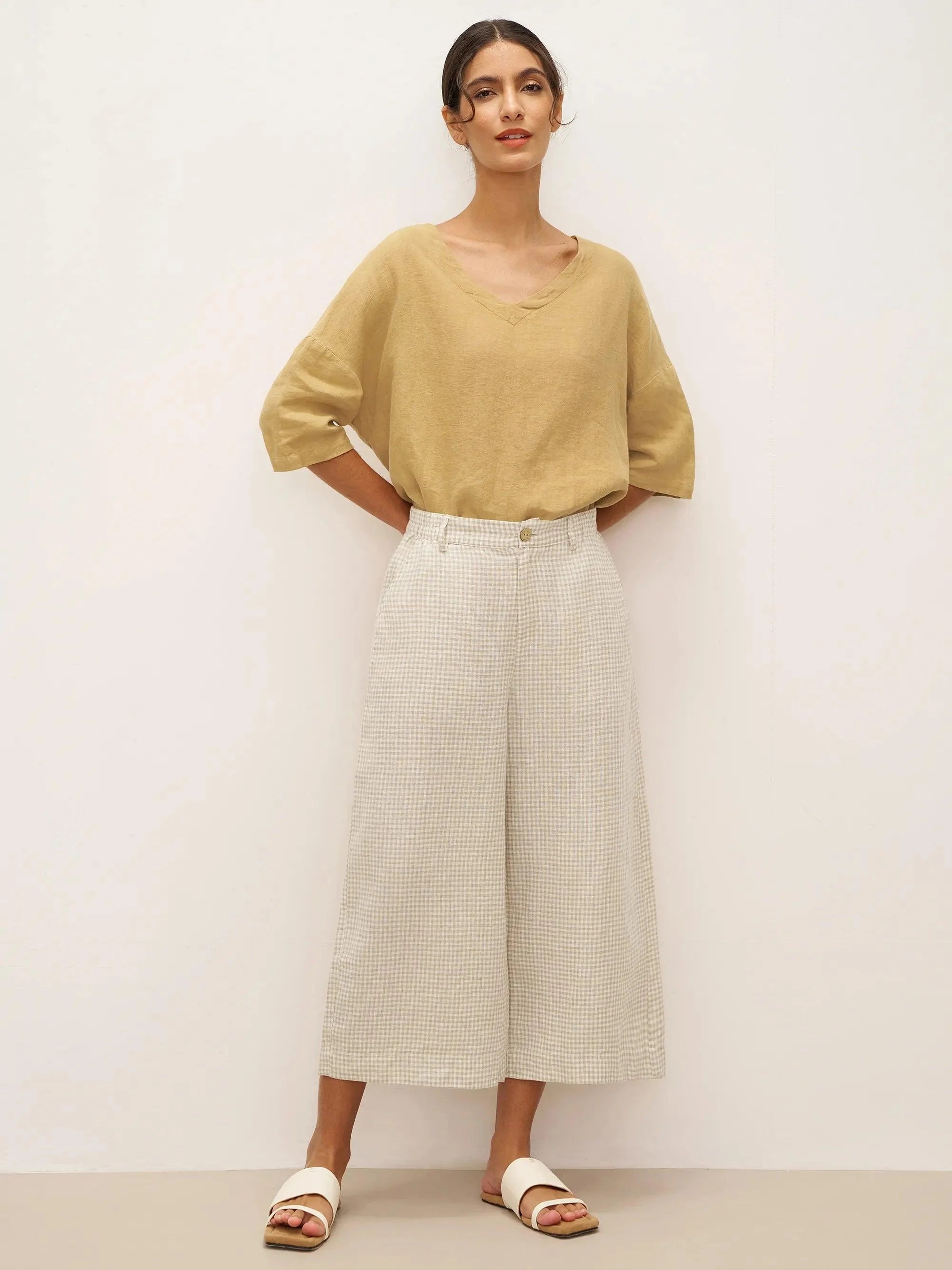 100% Linen Wide-Leg Pants with Elastic Back DILYS