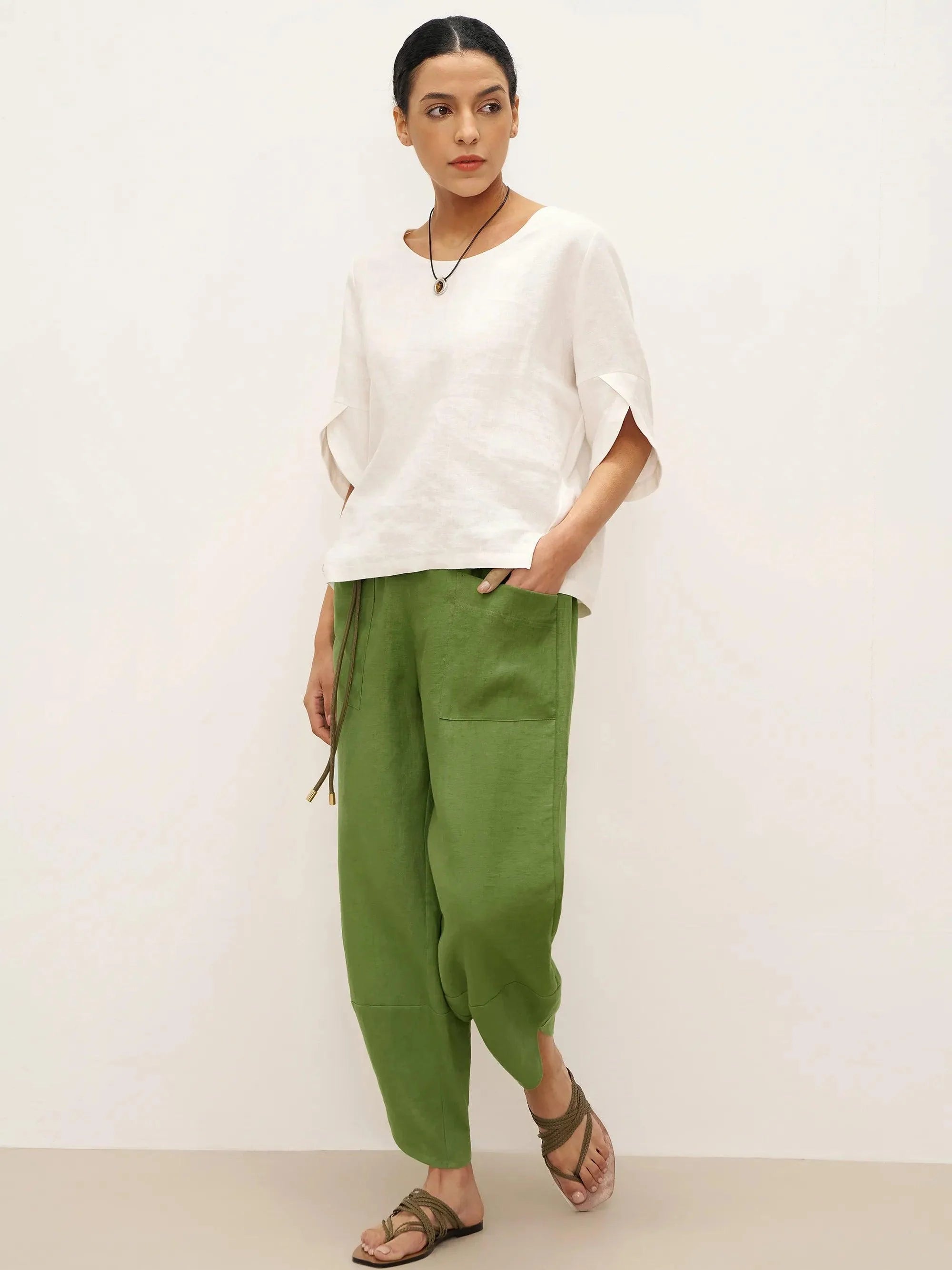 100% Linen Petal-Hem Trousers with Elastic Waist LIV