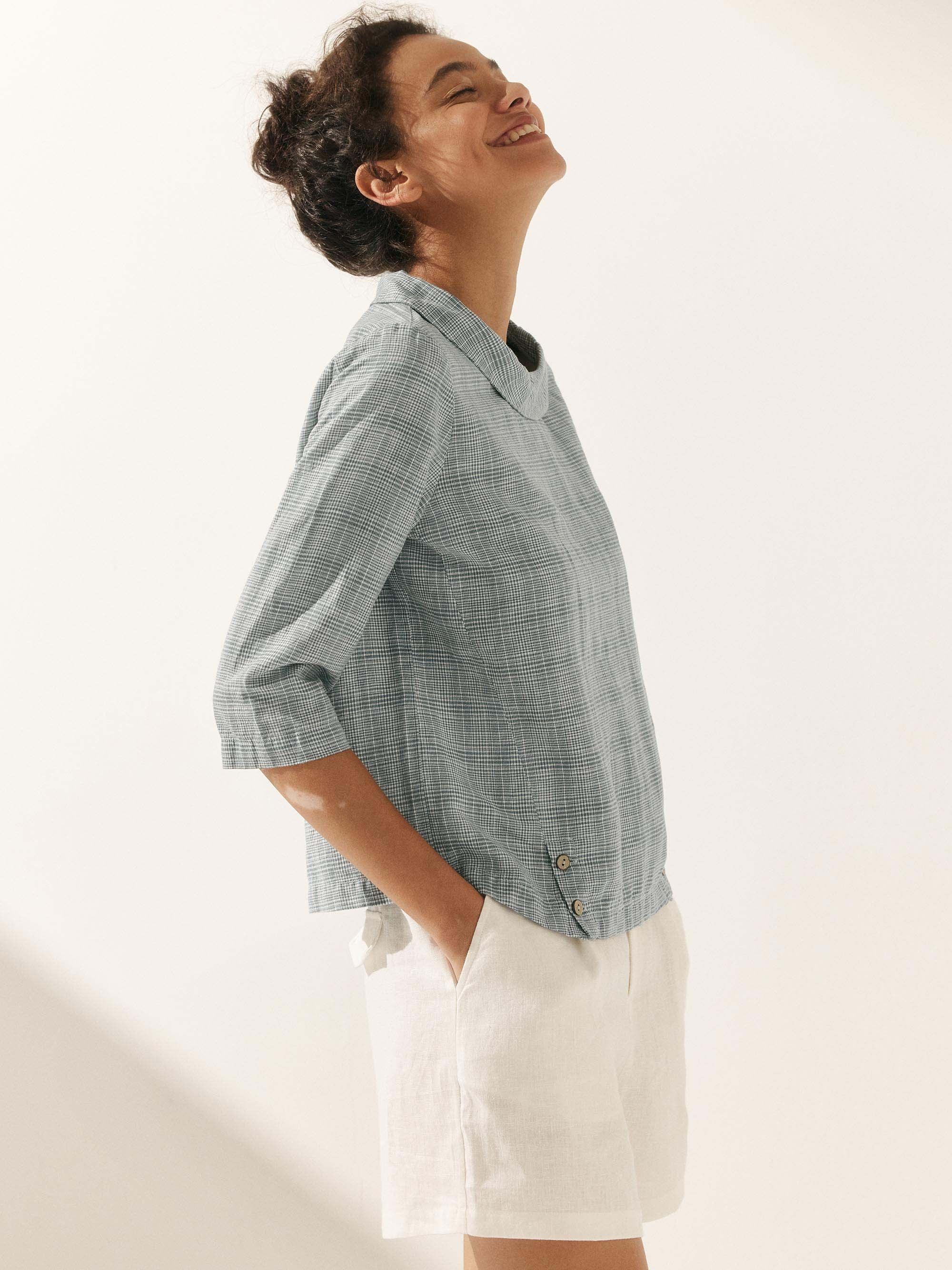 Linen Gingham Checked Round Soft-Fold Collar Top LAURA