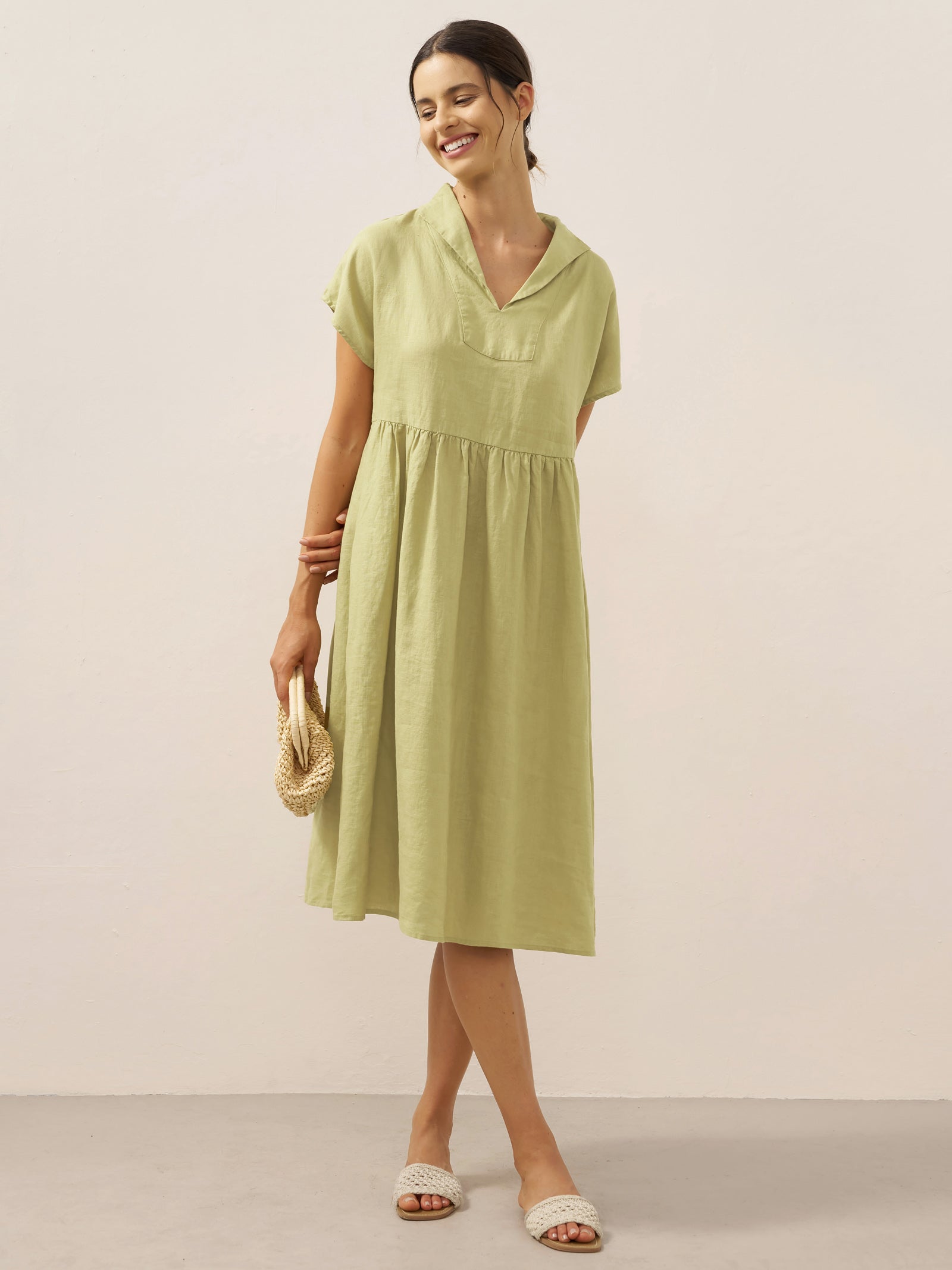 100% Linen Collared Pleated Waist A-Line Midi Dress SAGE