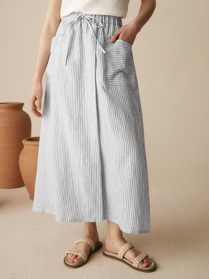 100% Striped Linen Long A-Line Skirt GABRIELLE