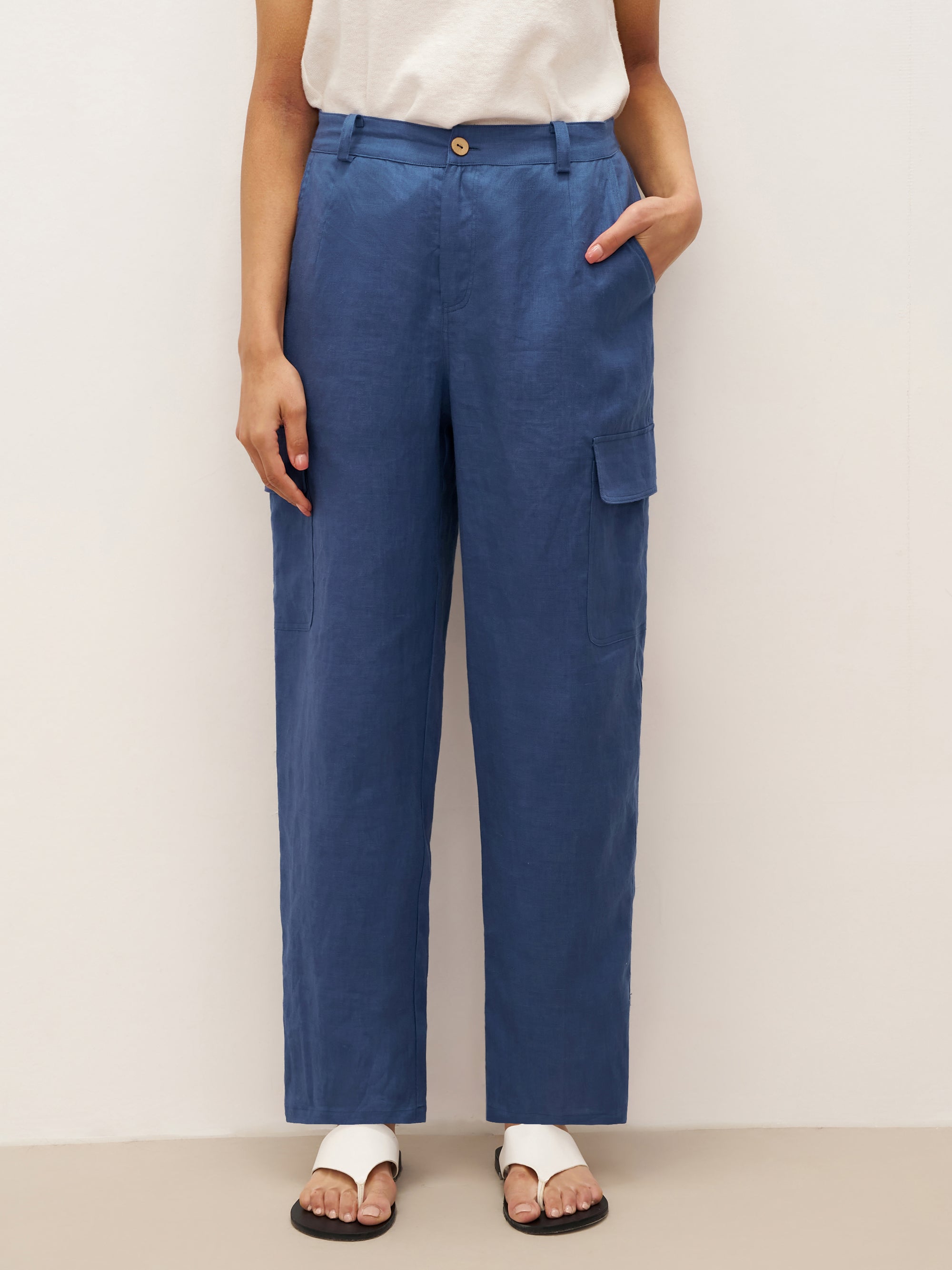 100% Linen Cargo Tapered Trousers with Patch Pockets JESSE
