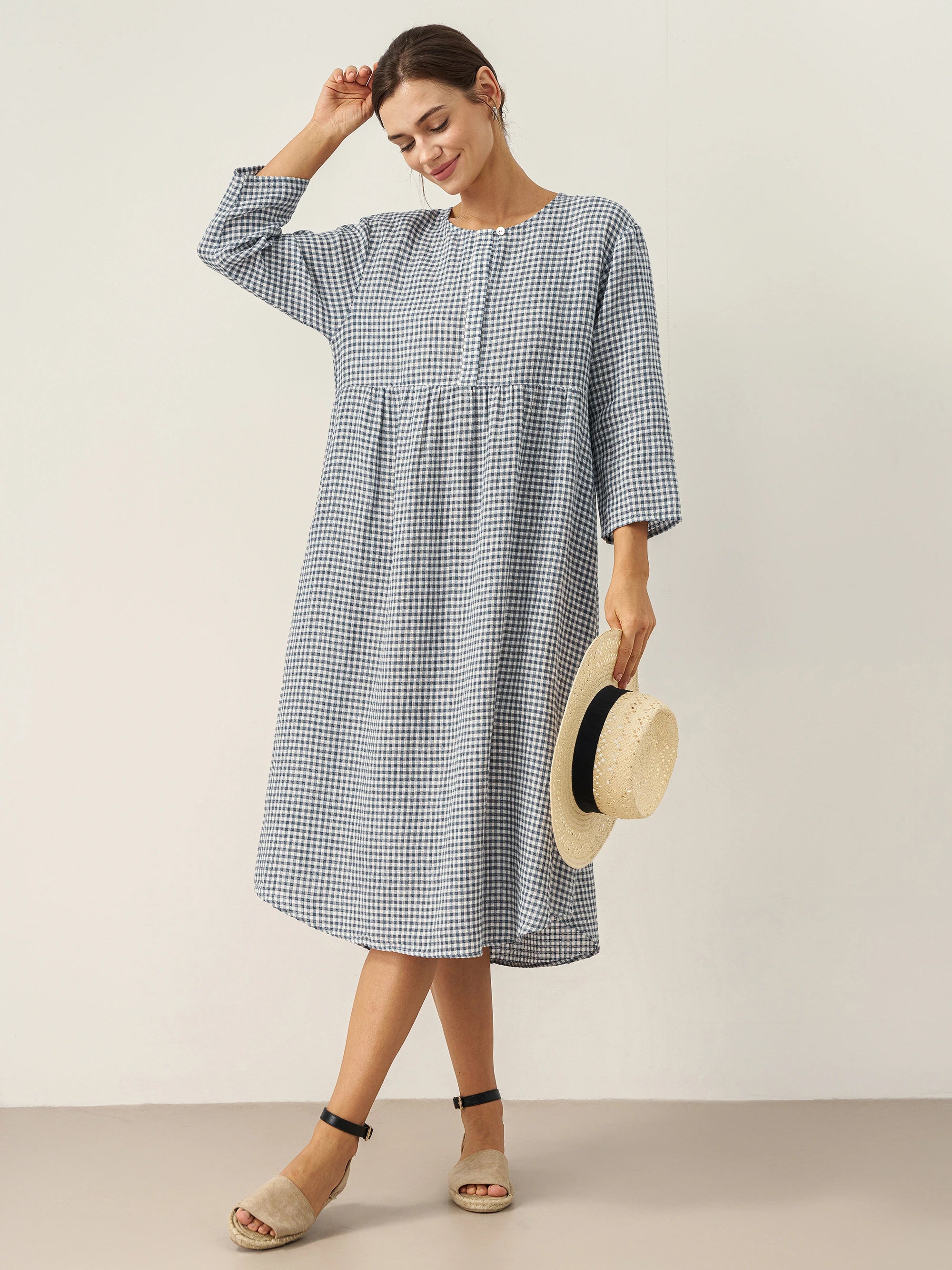 Linen Check Long Sleeve Midi Dress FIRTH