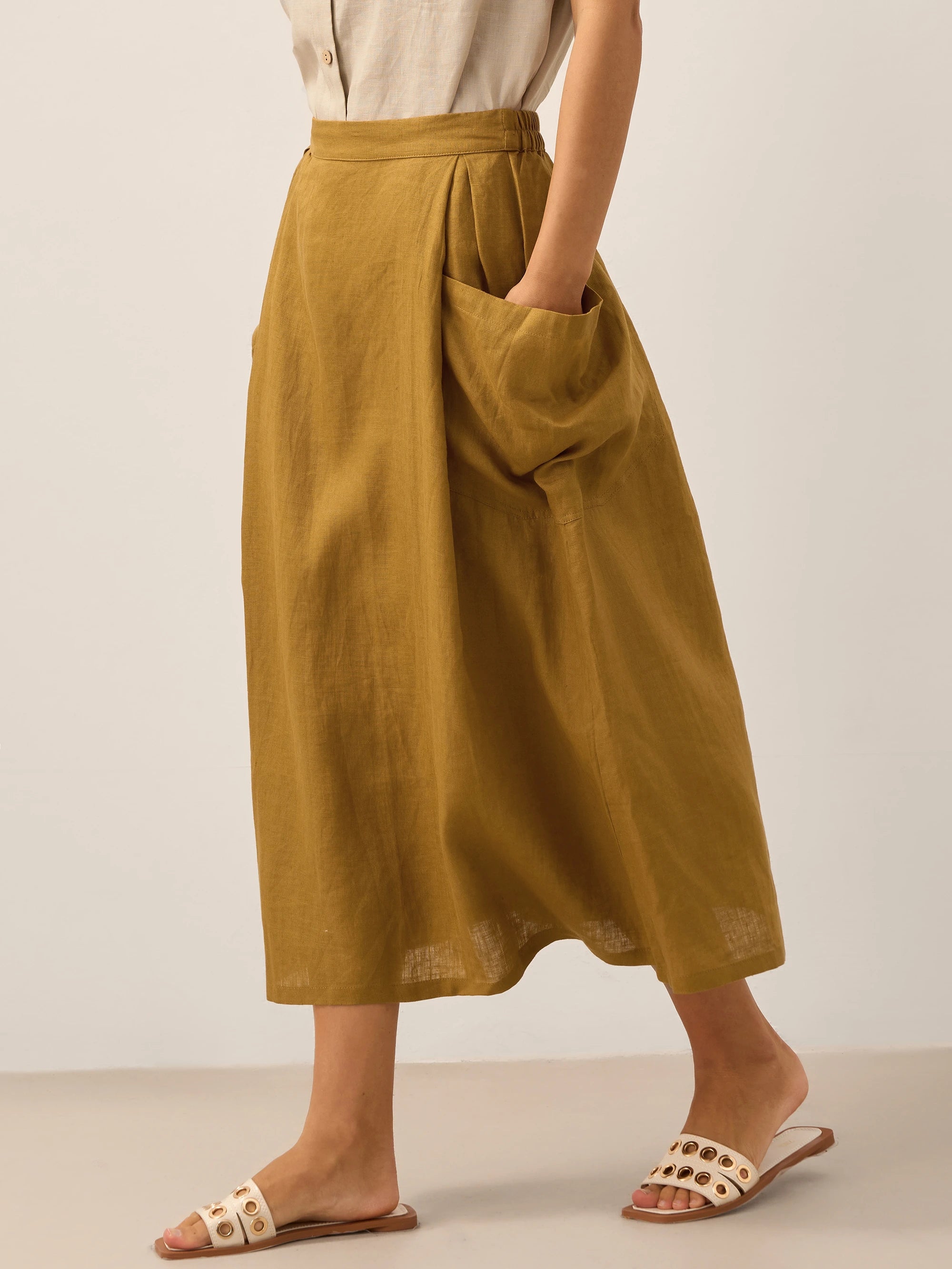 100% Linen Elastic Waist Skirt MARINA