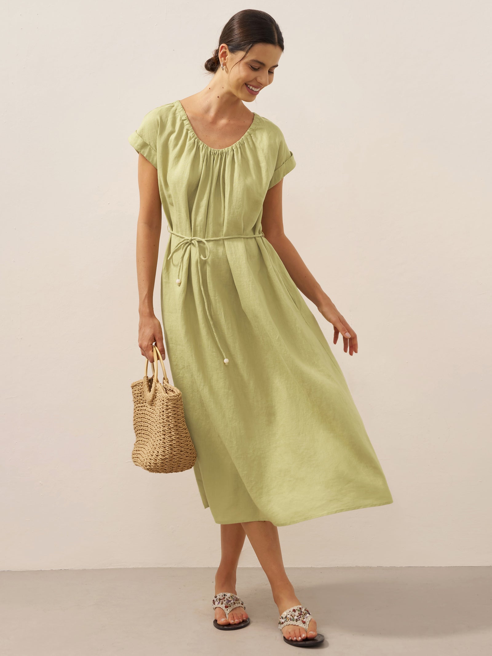 100% Linen Pleated Crew Neck Maxi Dress with Detachable Tie Straps MIRA