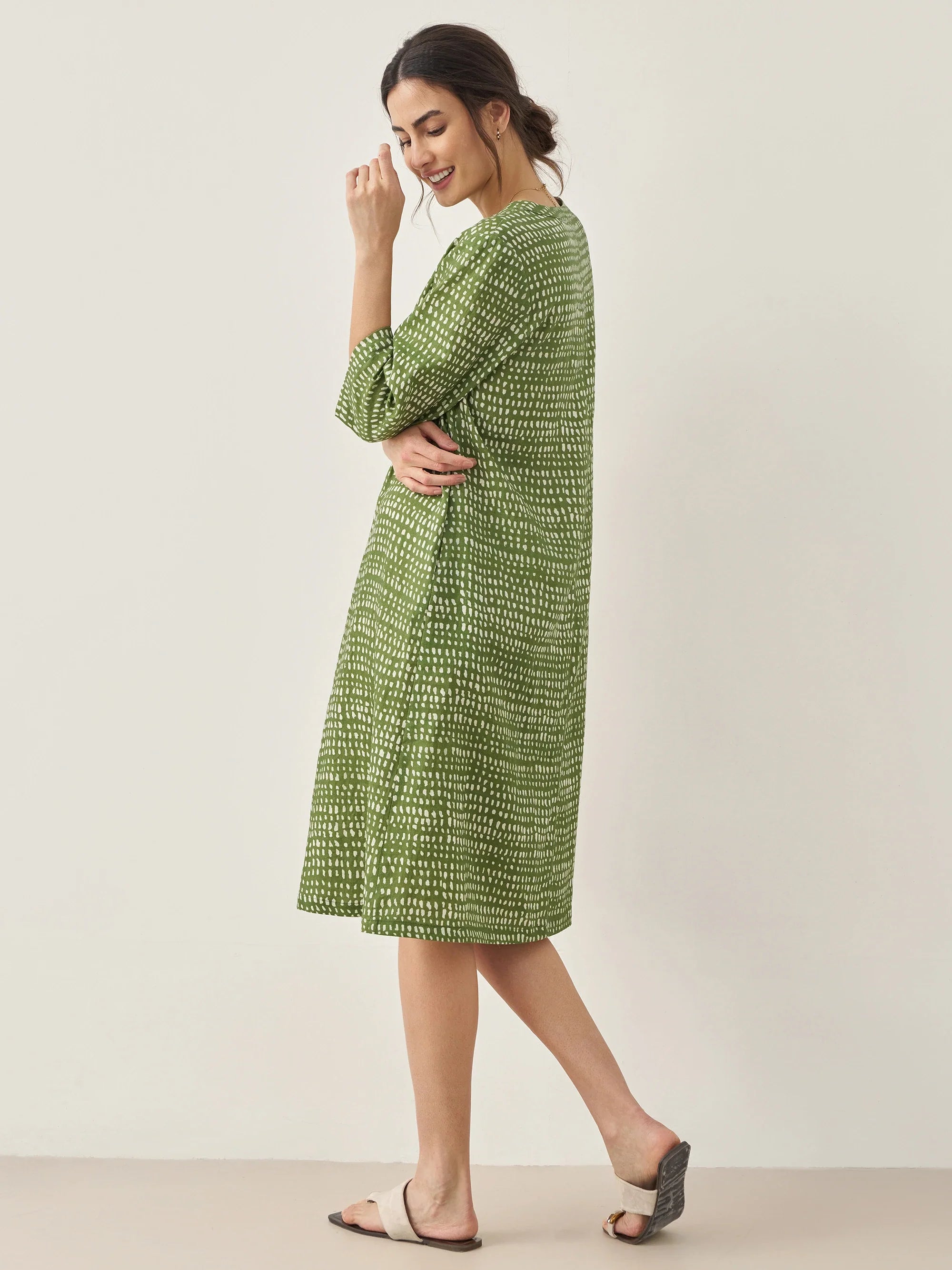 100% Linen V-Neck Dot Midi Dress LIRA