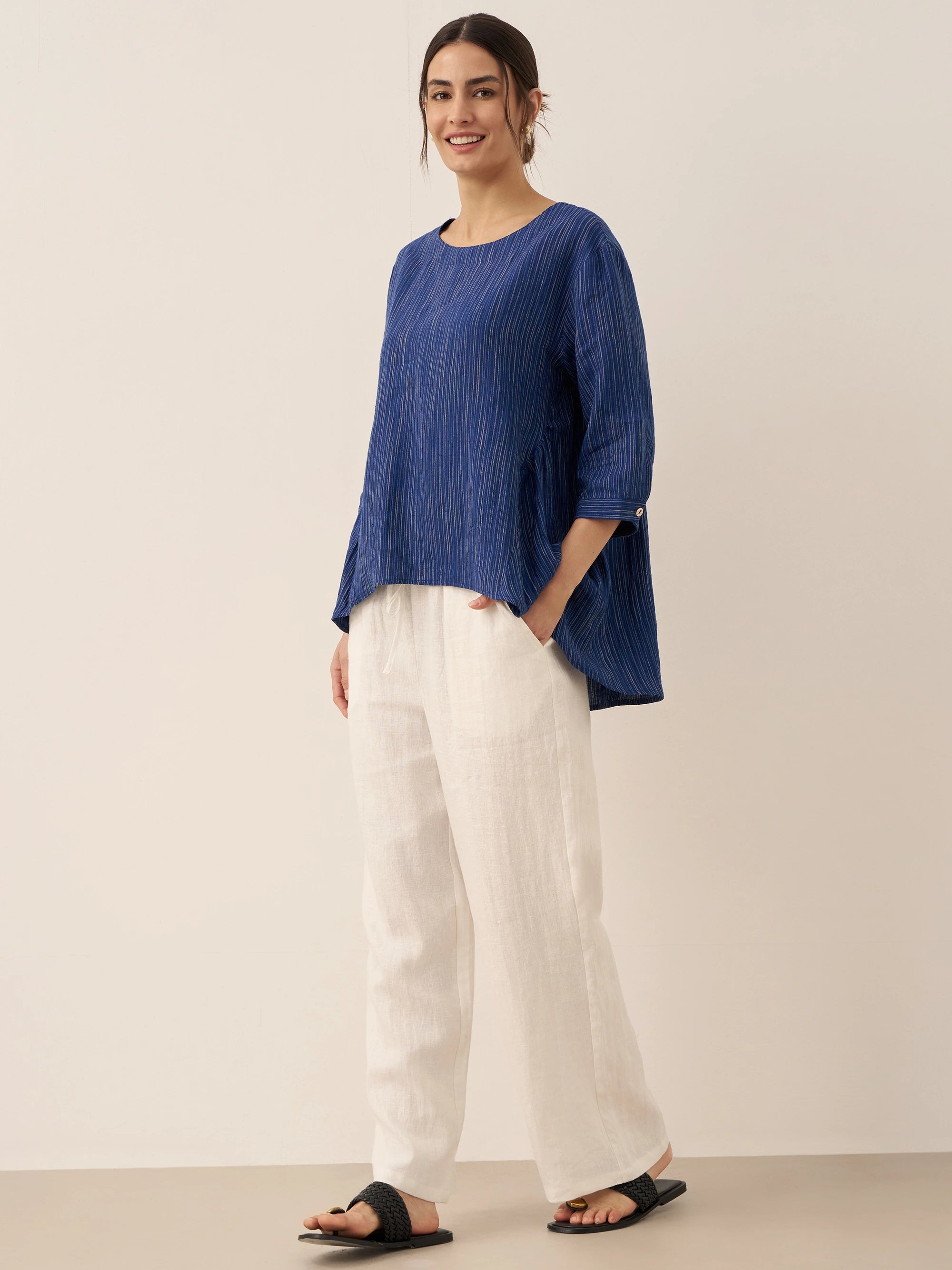 100% Linen Round Neck Artistic Stripe Top FLORENCE