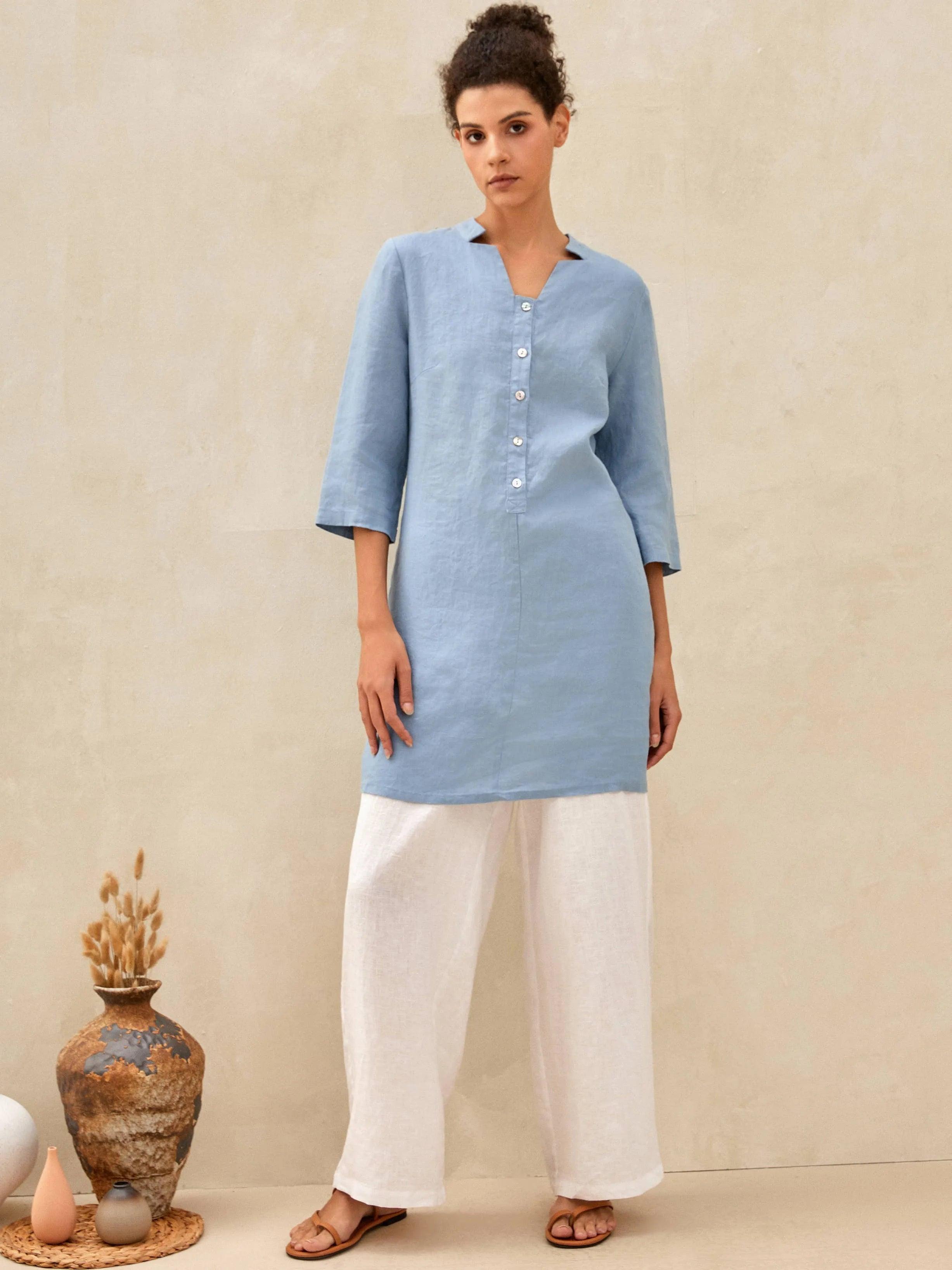 100% Linen 3/4 Sleeve Straight-Leg Long Top AMRITA