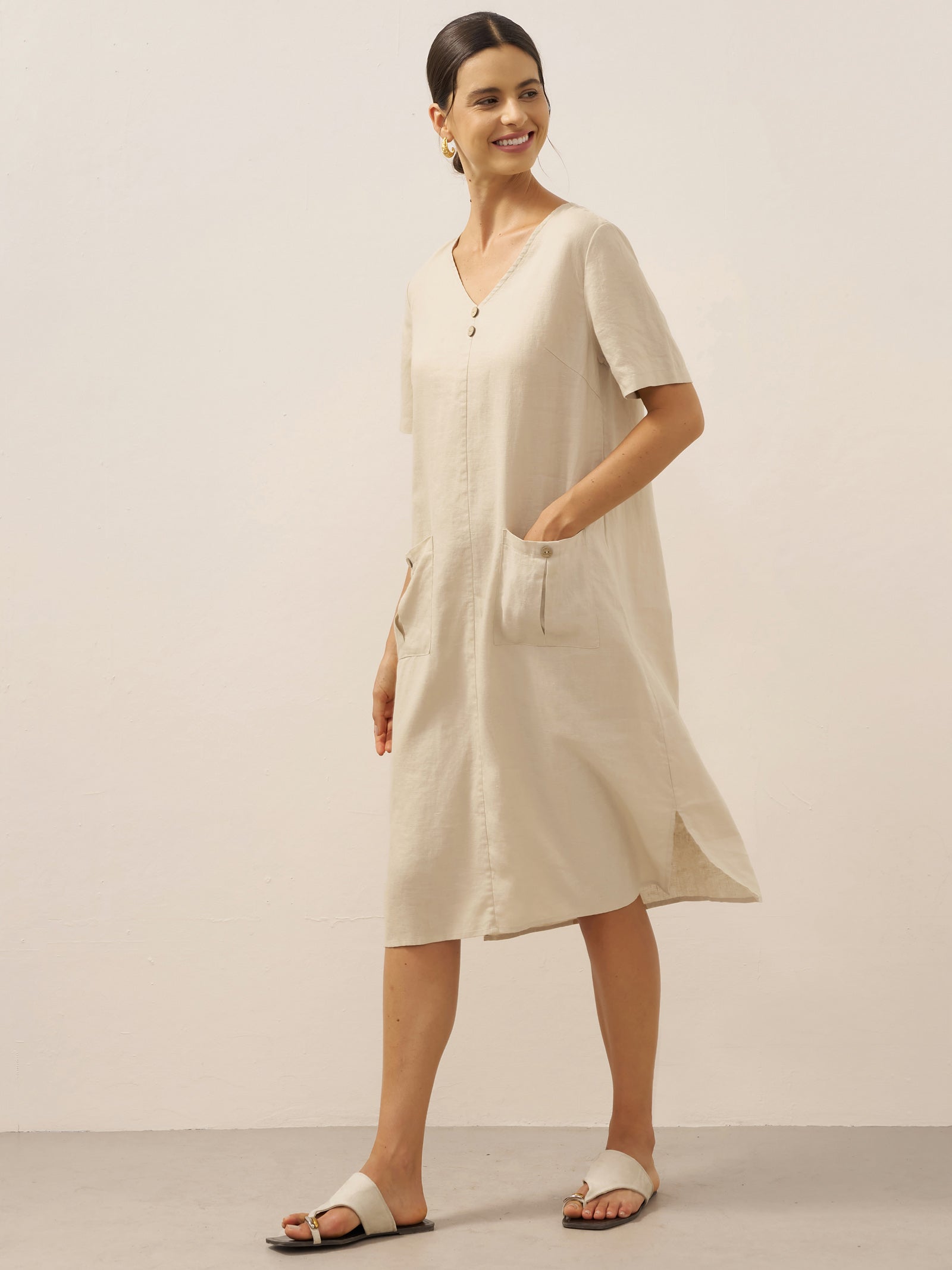 100% Linen Button Front V-Neck Midi Dress NOA