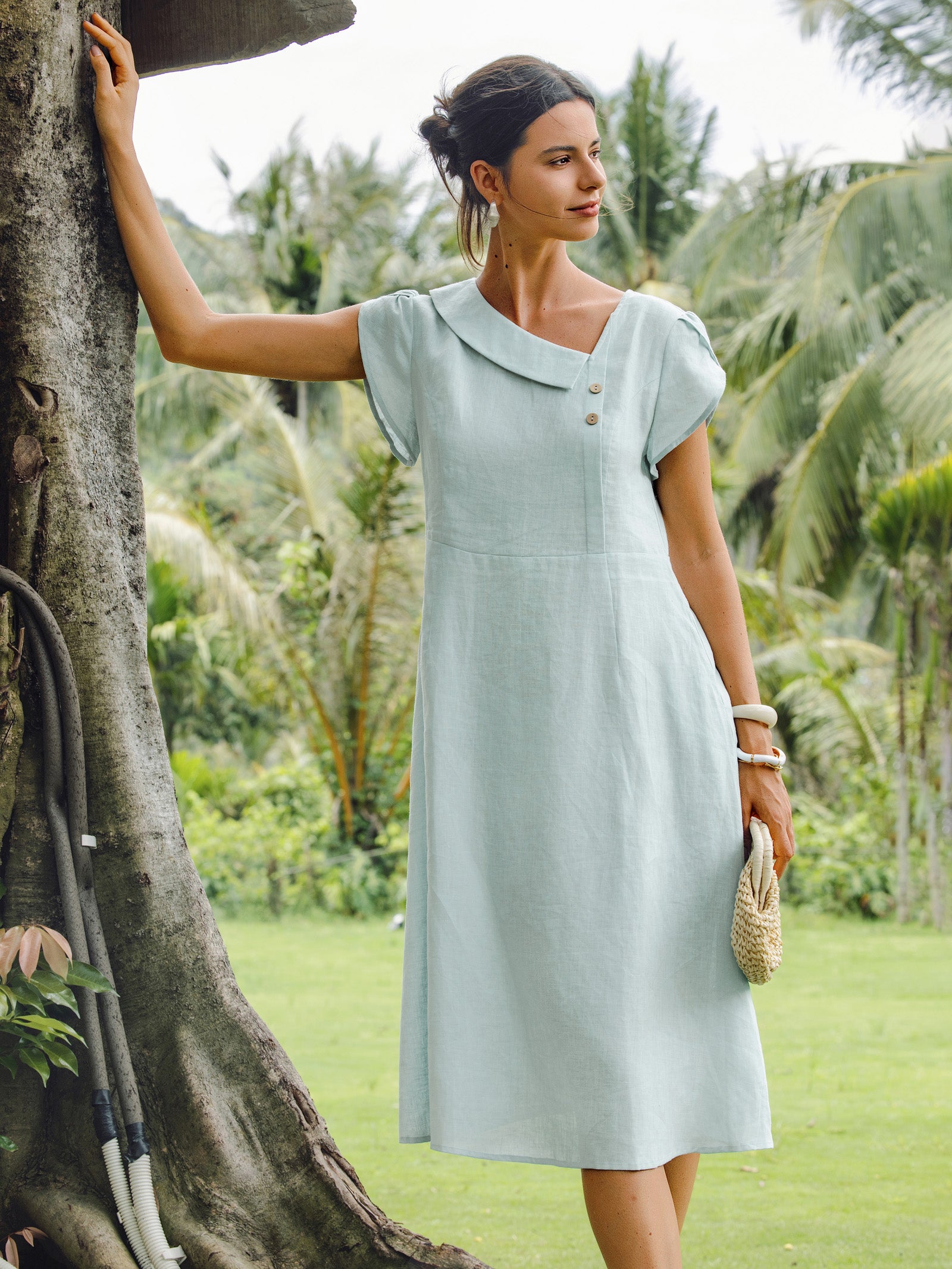 100% Linen Crescent Collar Flutter Sleeve Midi Dress FIONA