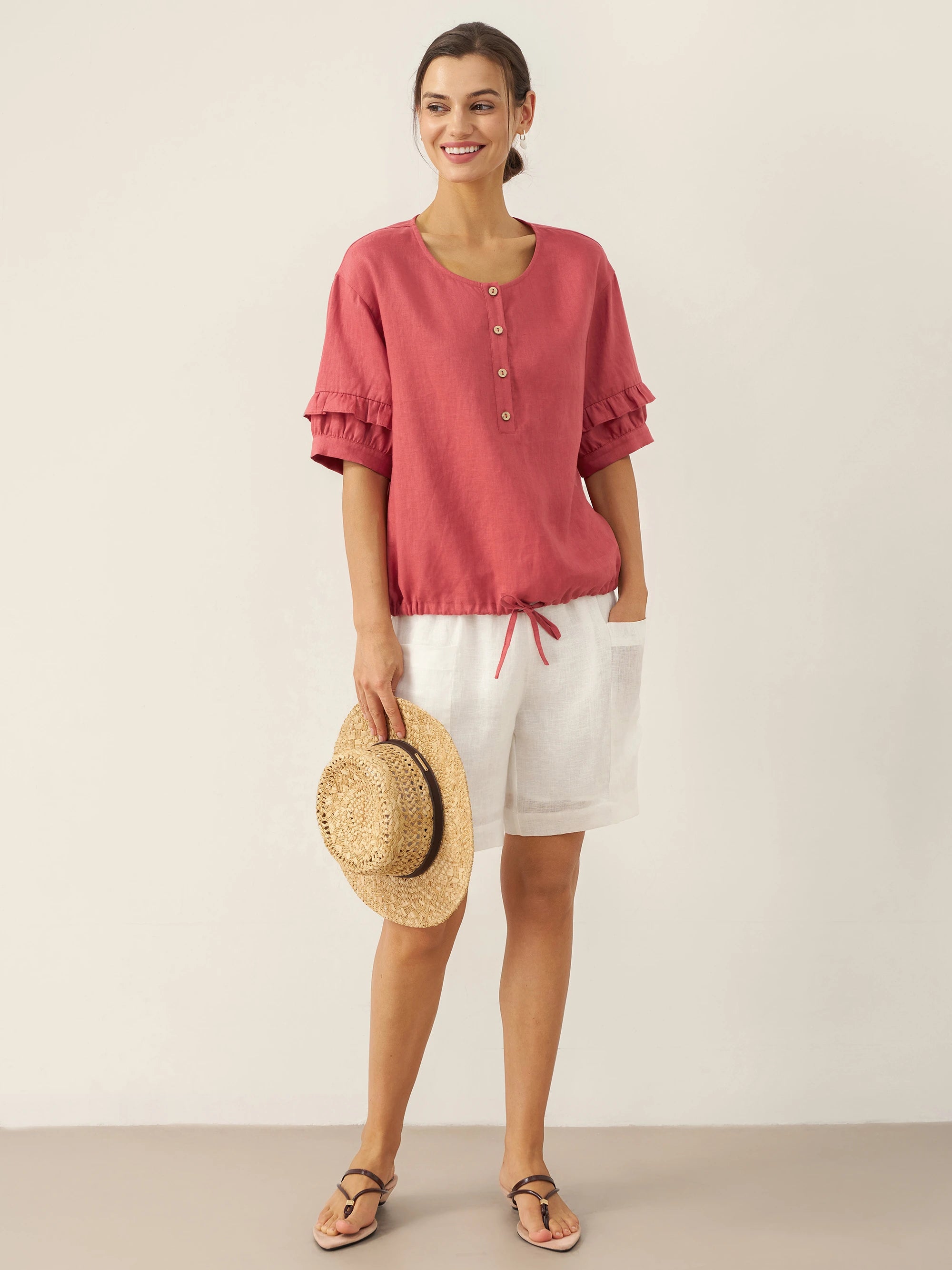 100% Linen Flutter Sleeve Drawstring Top ZOEY
