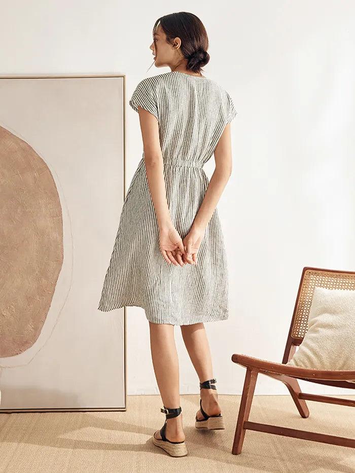 100% Linen Striped Elastic-Waist Midi Dress ARIA