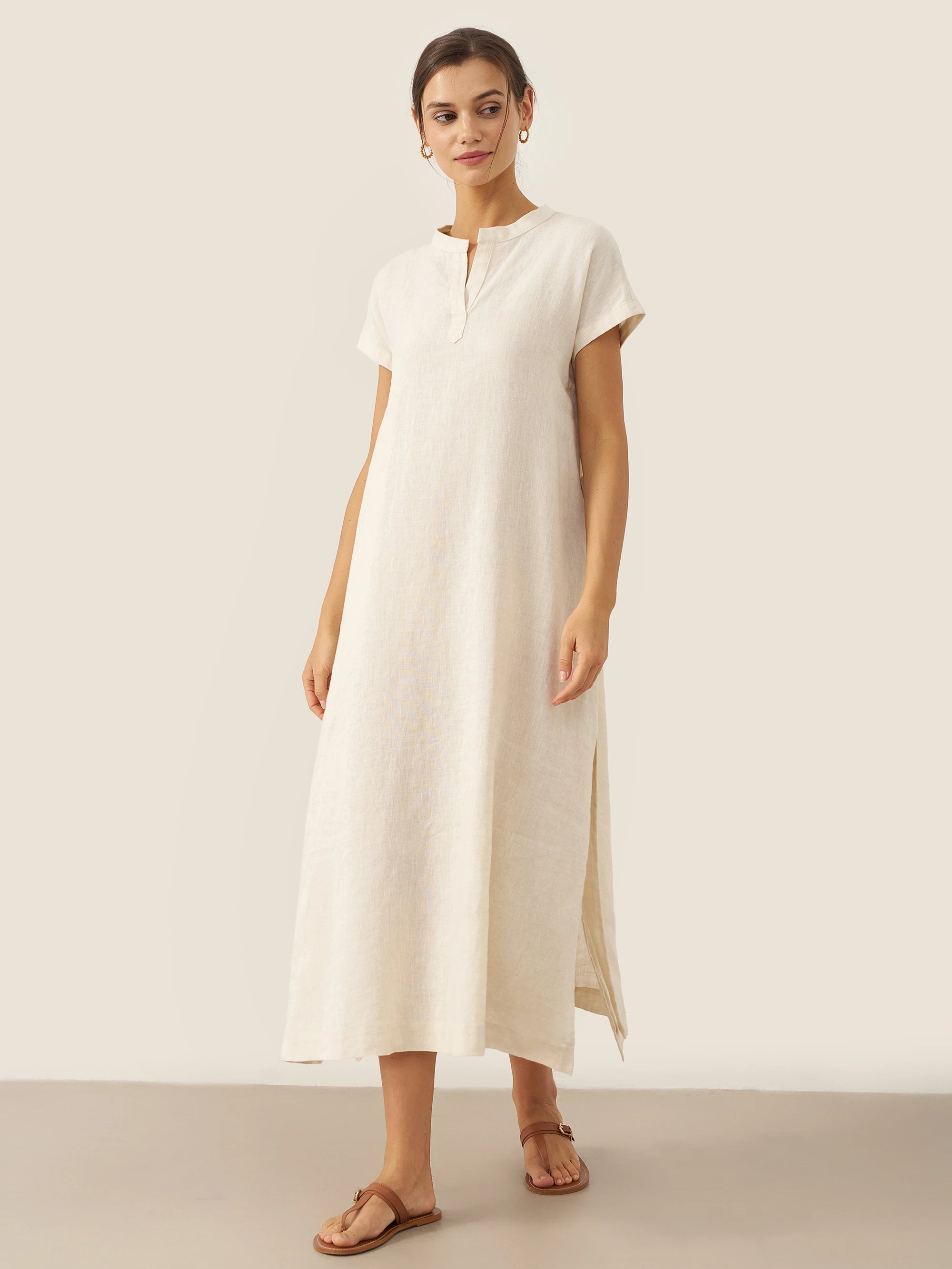 100% Linen Mandarin Collar Maxi Dress with Detachable Belt MARGARET