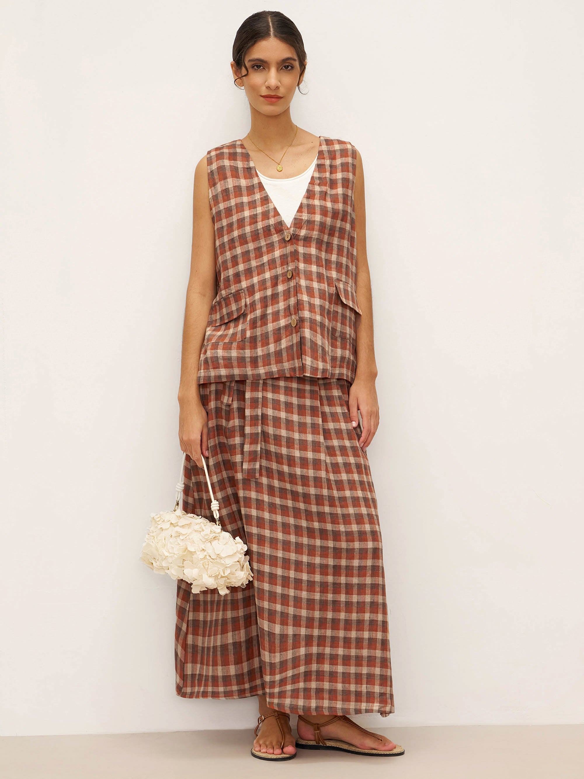 100% Linen V-Neck Checked Oversized Vest DORIS