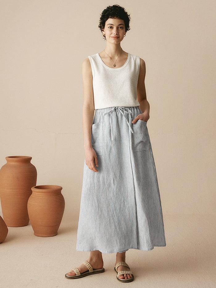 100% Striped Linen Long A-Line Skirt GABRIELLE