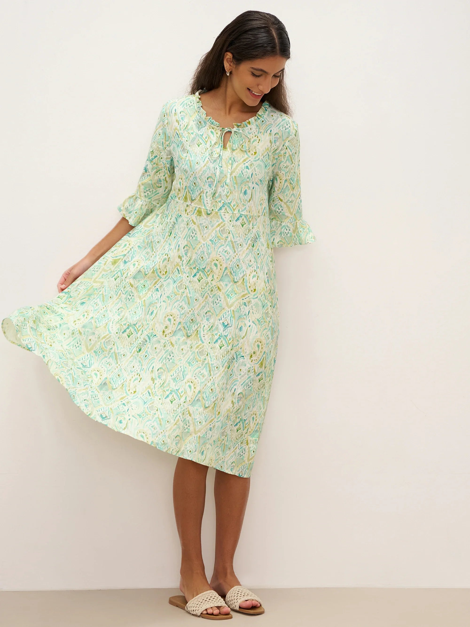 100% Linen A-Line Ruffled Collar Tie-Neck Midi Dress LIVIA