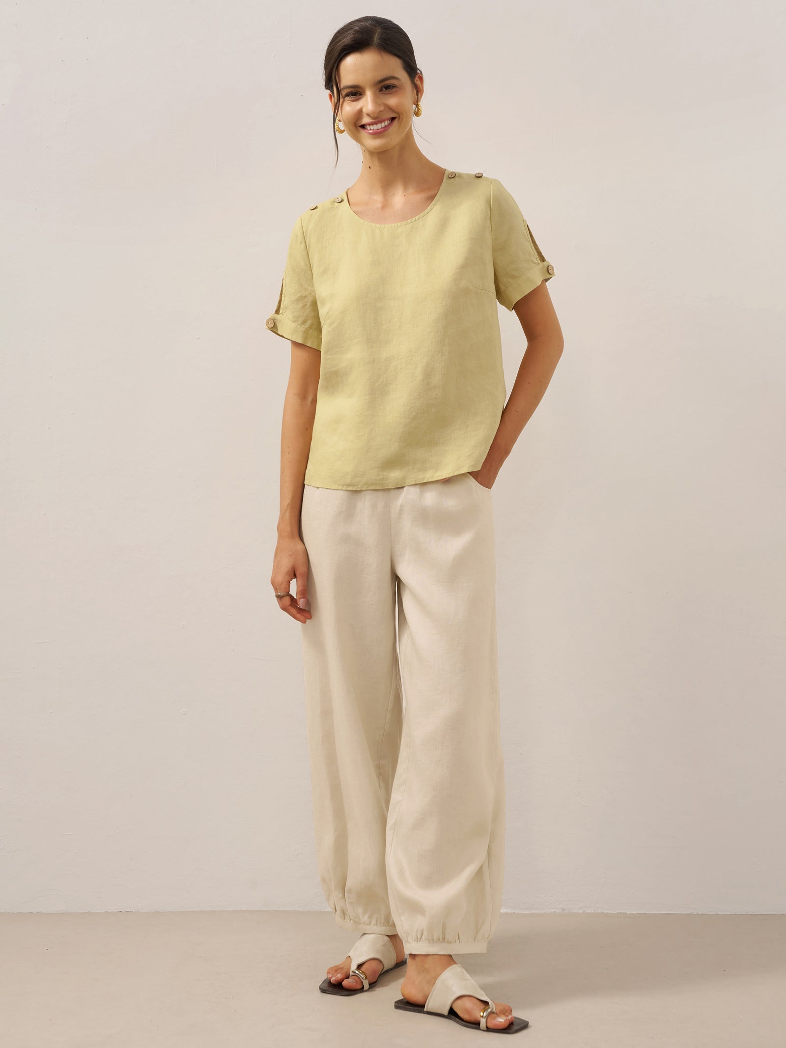 100% Linen Broad Elastic Waistband Pants TALIA