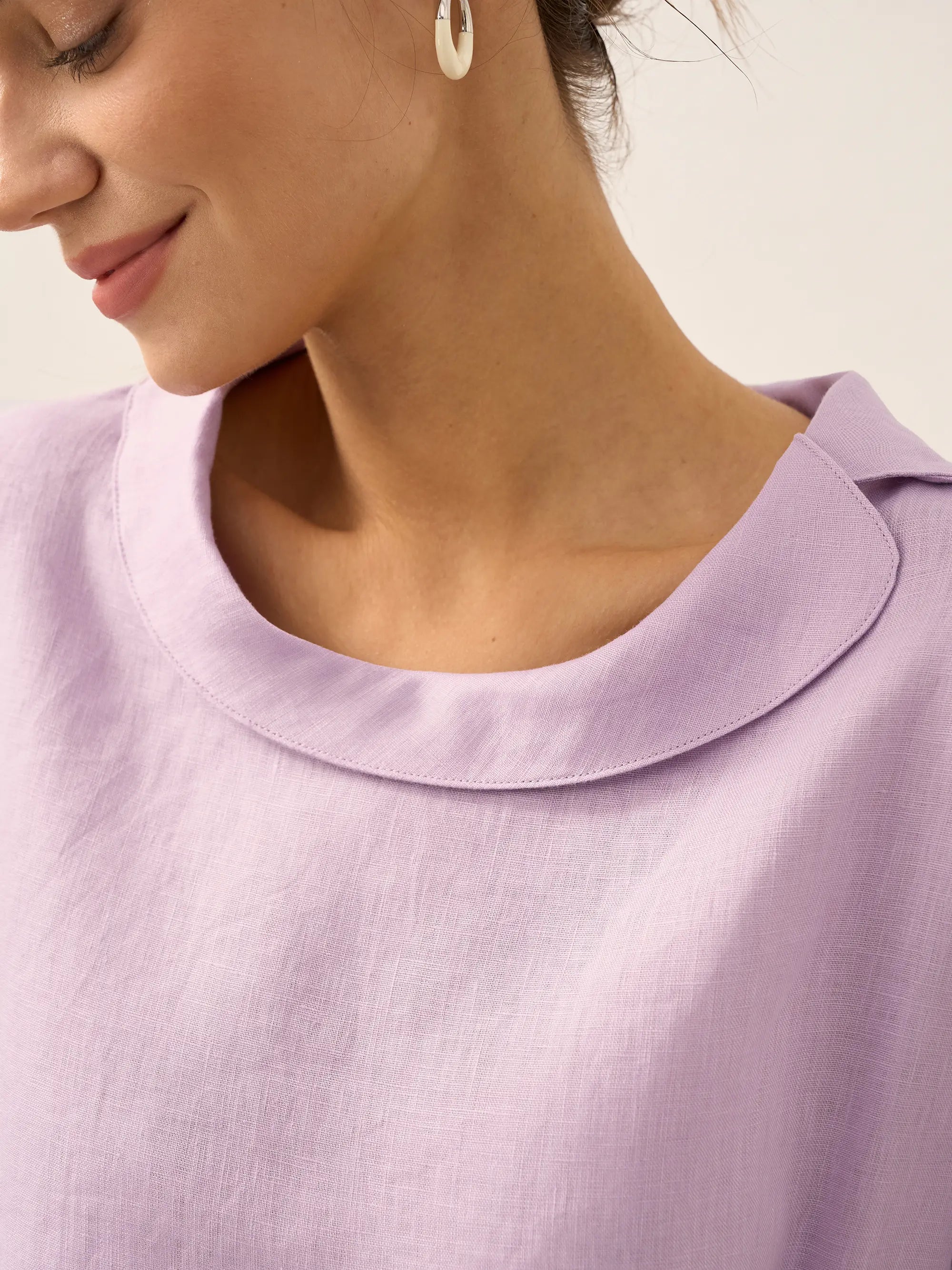 Linen Gingham Checked Round Soft-Fold Collar Top LAURA