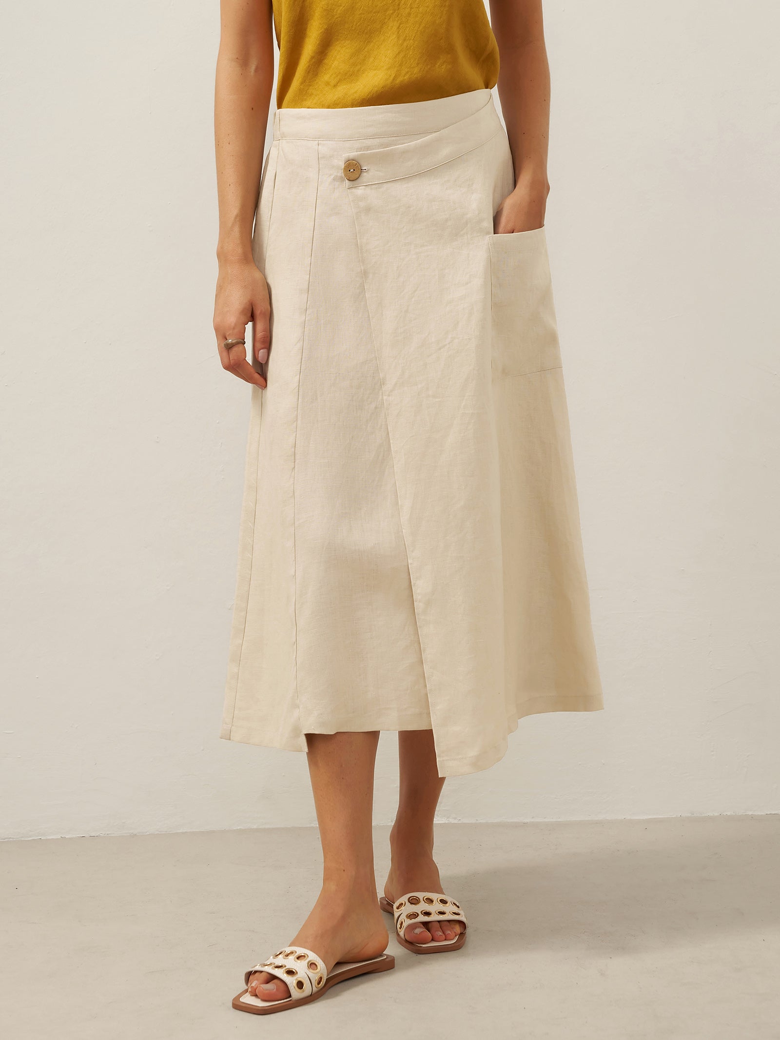 100% Linen Angled Closure Wrap Skirt FRESSA