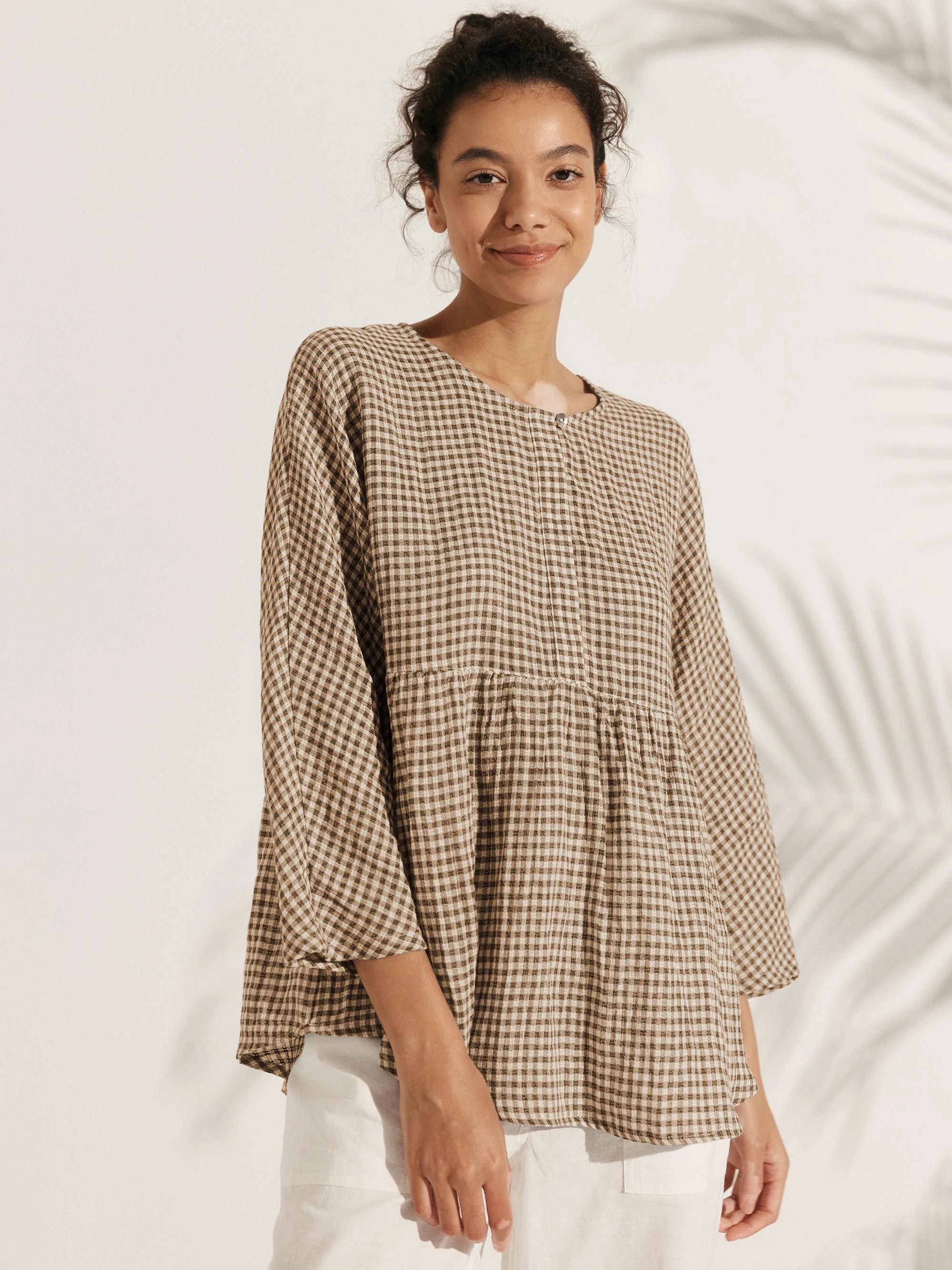Linen Checked Long-Sleeved Top CAROLINE
