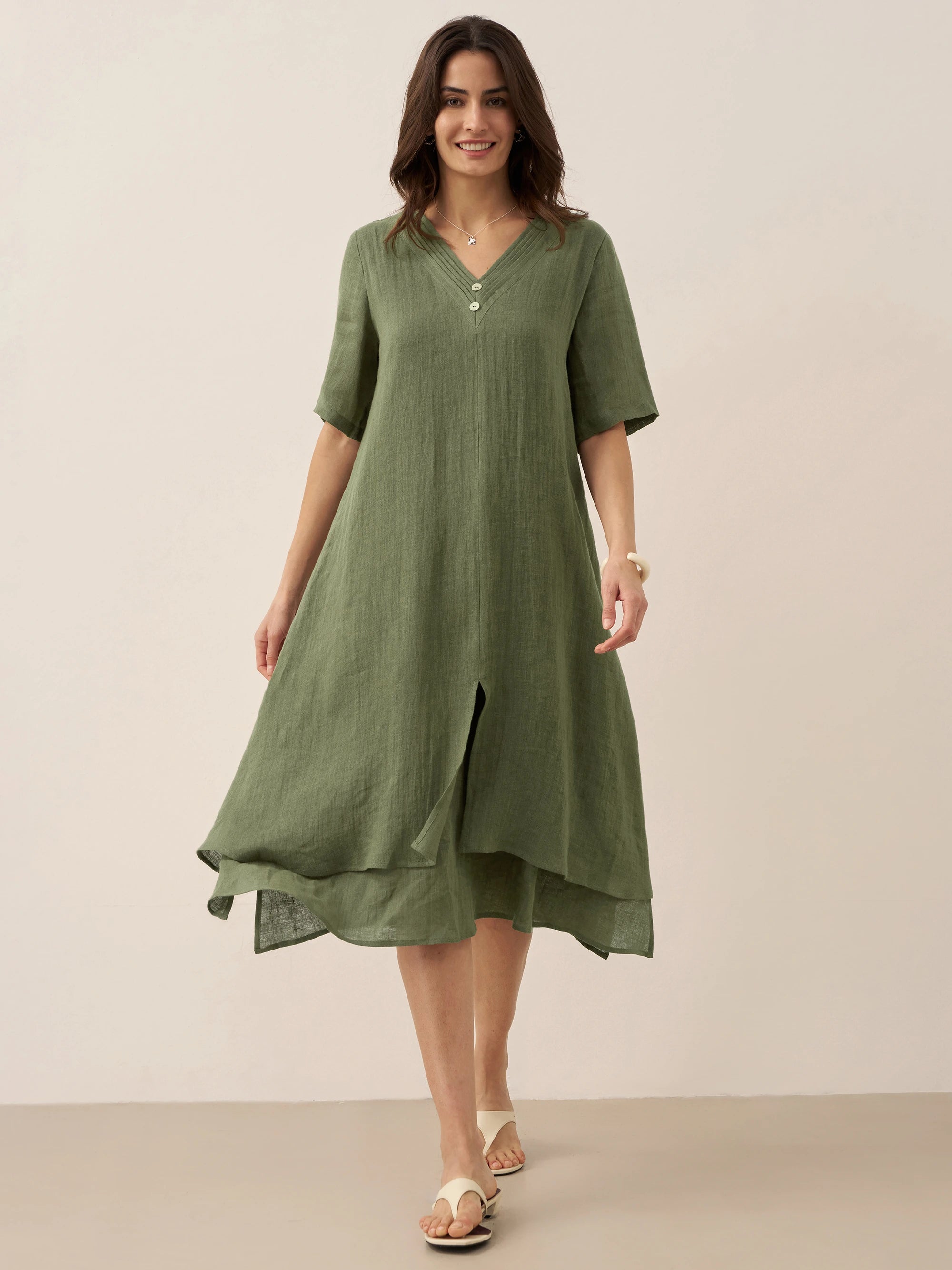 100% Linen V-Neck Double-Layer Midi Dress JAYDA