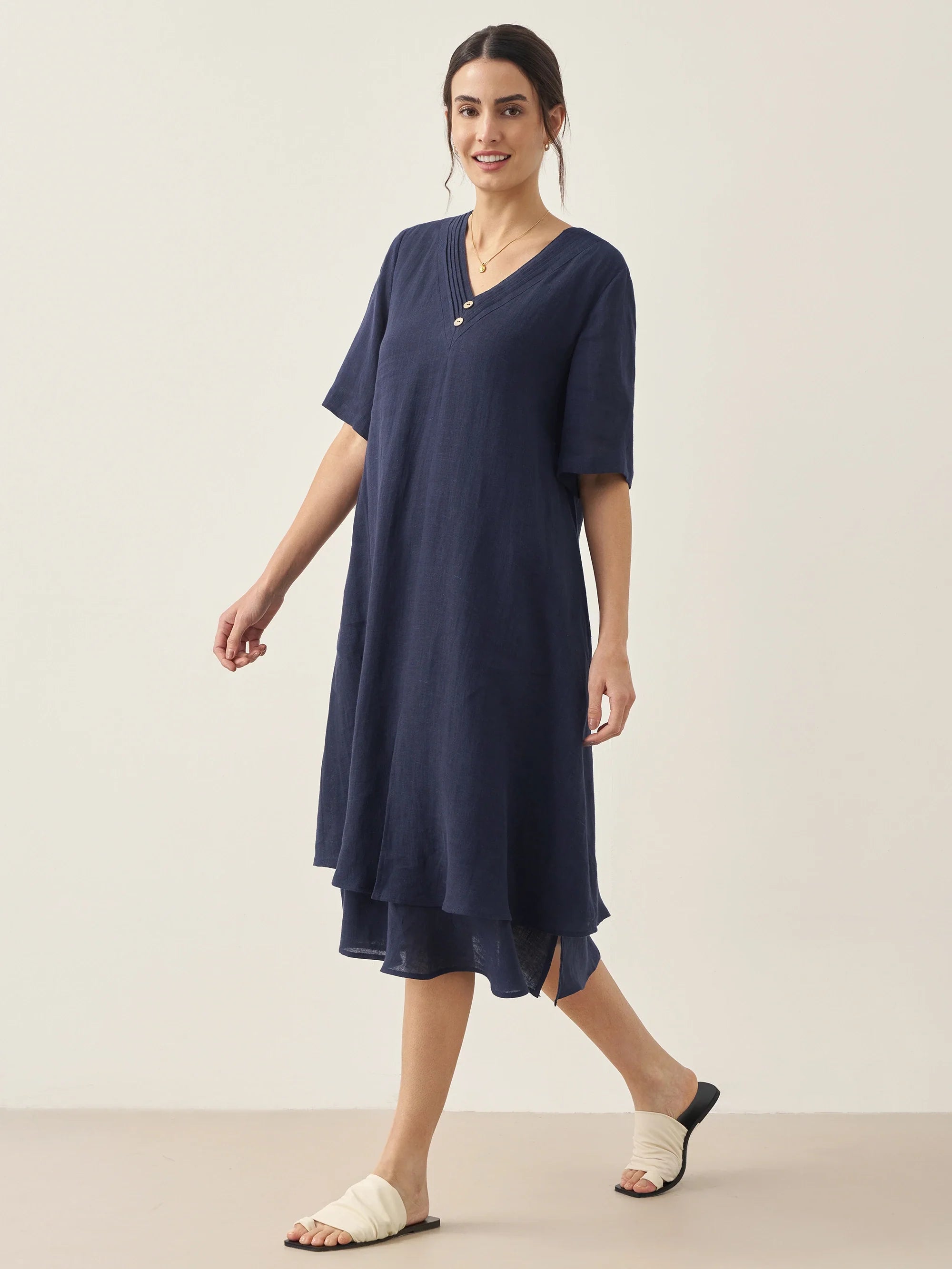 100% Linen V-Neck Double-Layer Midi Dress JAYDA